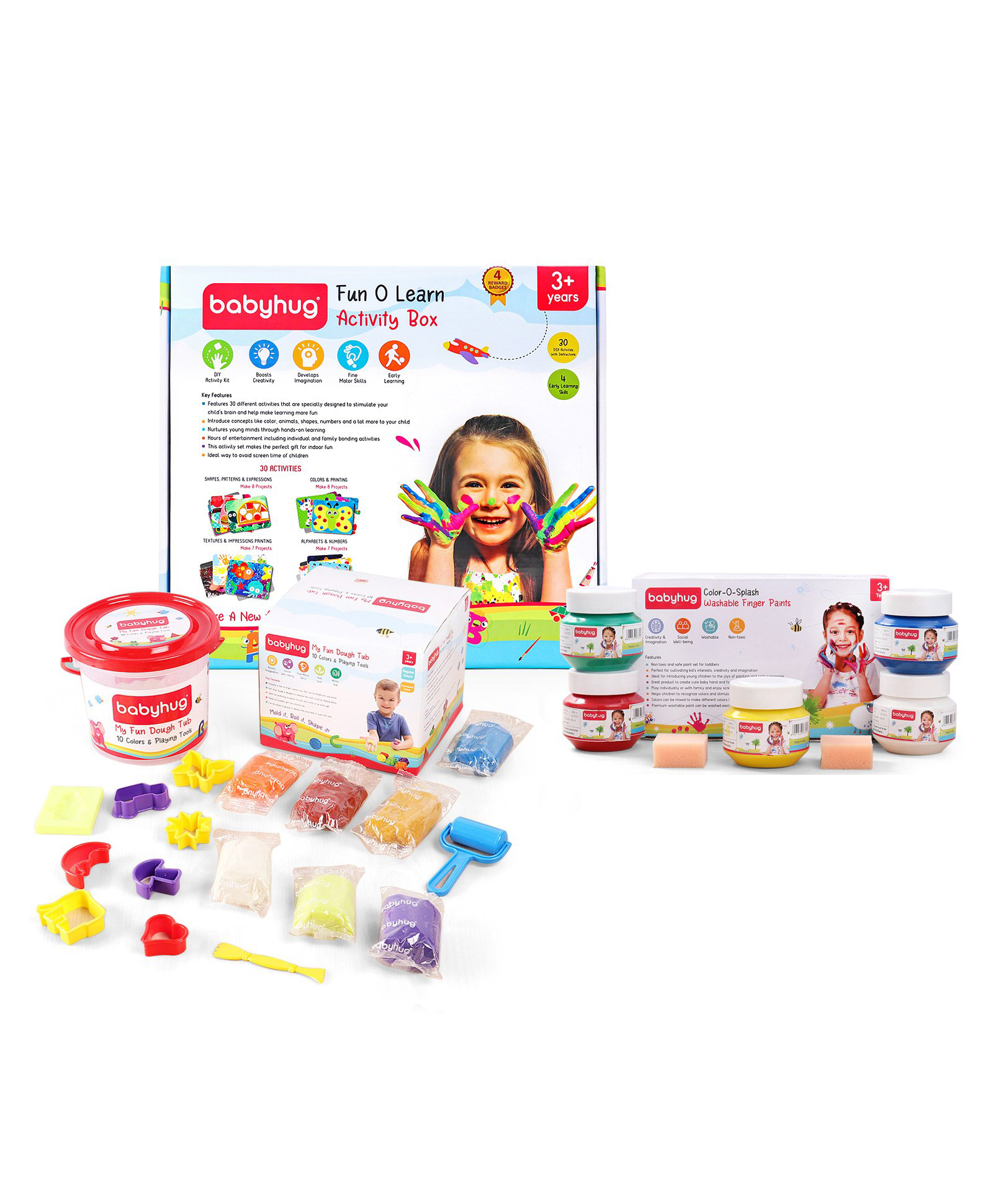 Babyhug My Fun Dough Tub Kit with Color O Splash Washable Finger Paints & Fun O Learn Activity Box - Multicolour image 1