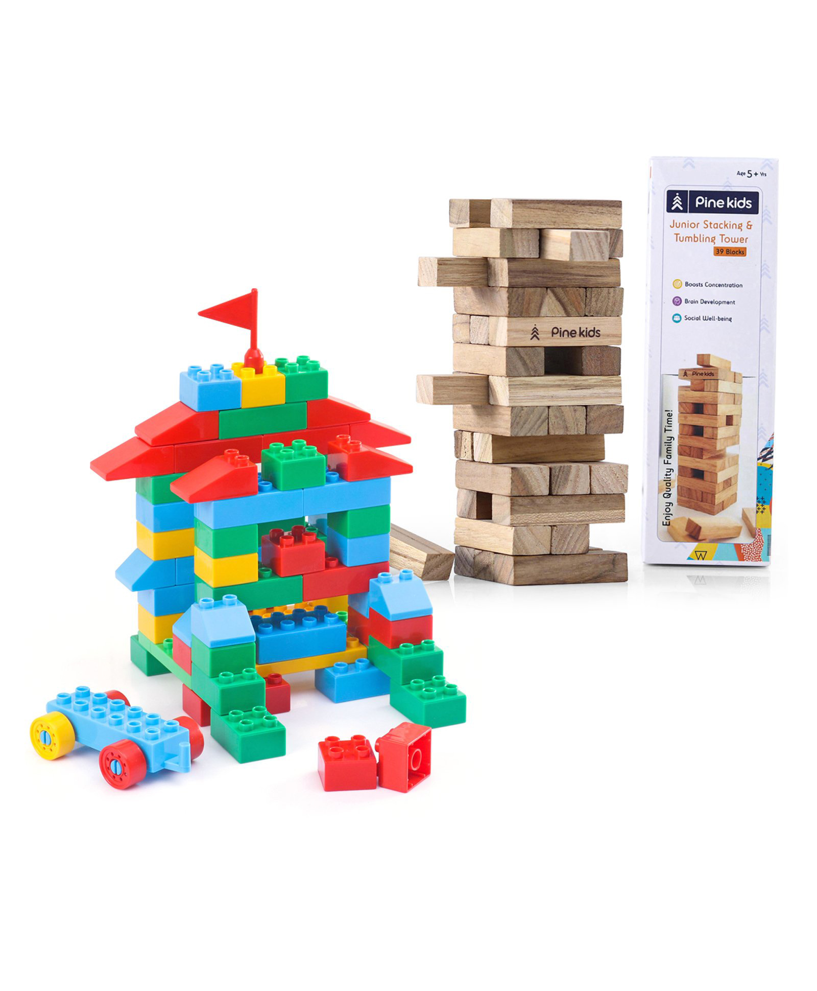 babyhug Pine Kids Junior Stacking & Tumbling Tower with Building Blocks Set Multicolour -72 Pieces image 1