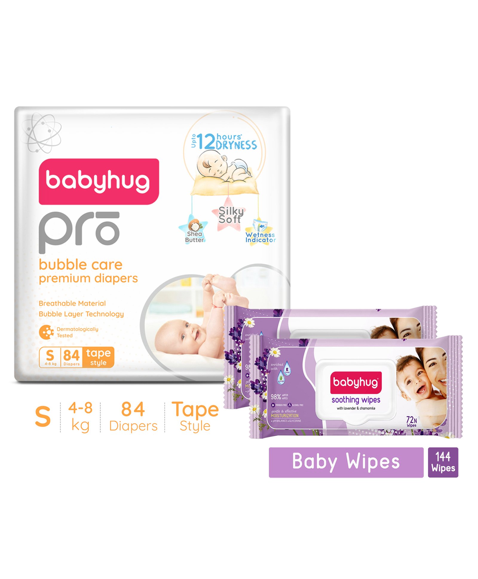 Babyhug Pro Bubble care premium Tape Style Diaper Small - 84 Pieces & Babyhug Soothing Lavender & Chamomile Wipes - 72 Pieces -(Pack of 2)-image-28