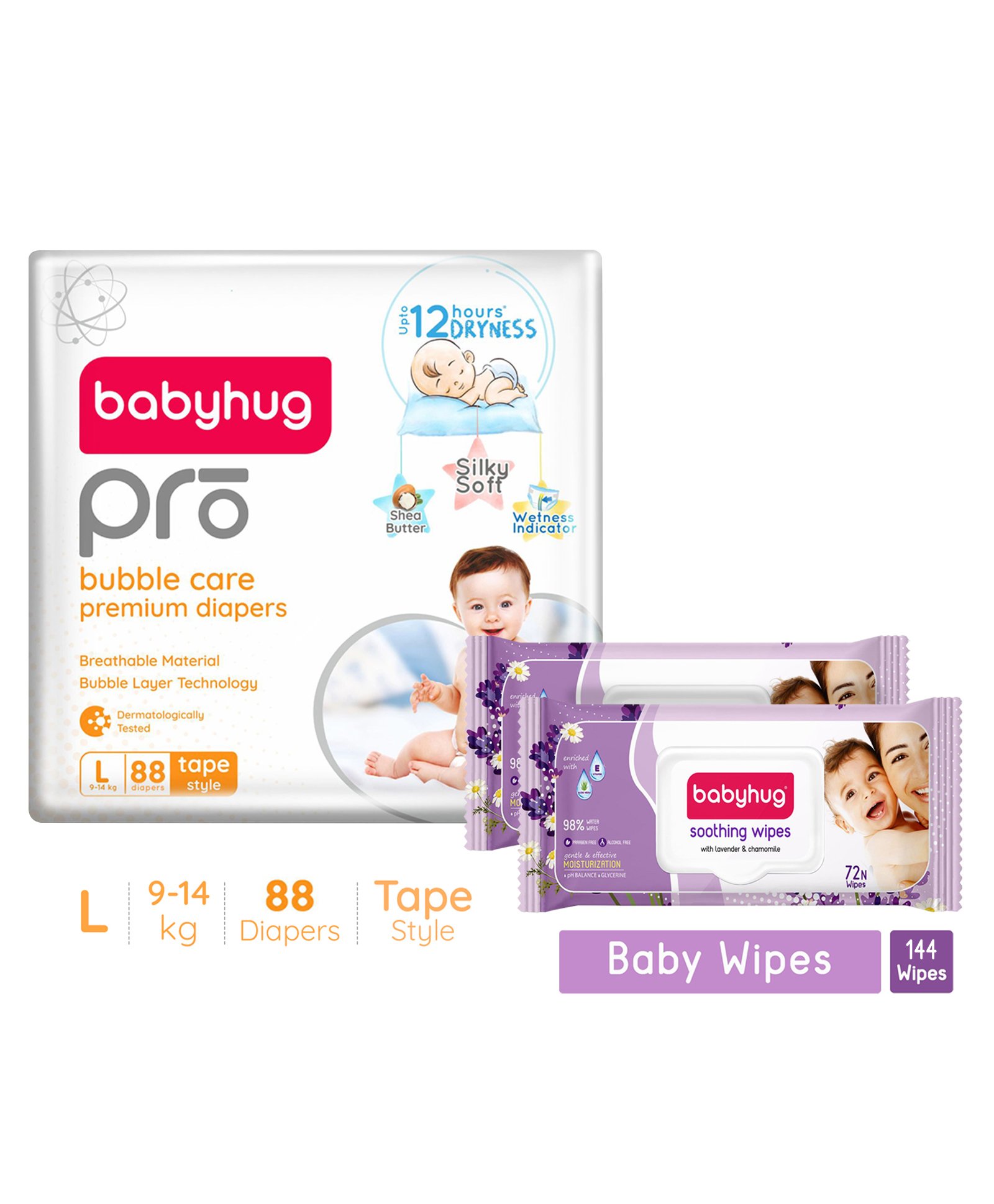 Babyhug Pro Bubble care premium Tape Style Diaper Large - 88 Pieces & Babyhug Soothing Lavender & Chamomile Wipes - 72 Pieces -(Pack of 2)-image-30