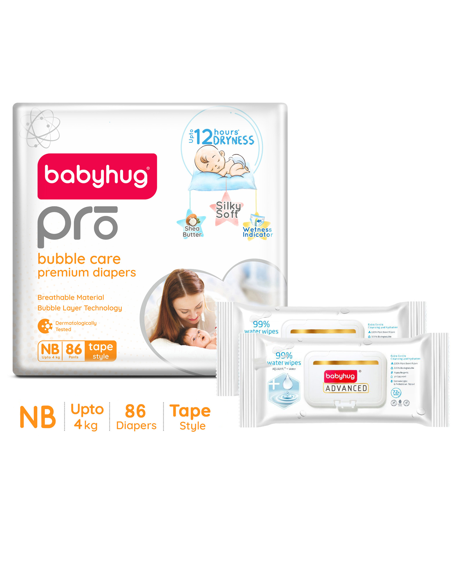 Babyhug Pro Bubble care premium Tape Style Diaper New Born - 86 Pieces & Babyhug Advanced 99 Water Wipes - 72 pieces -(Pack of 2)-image-40