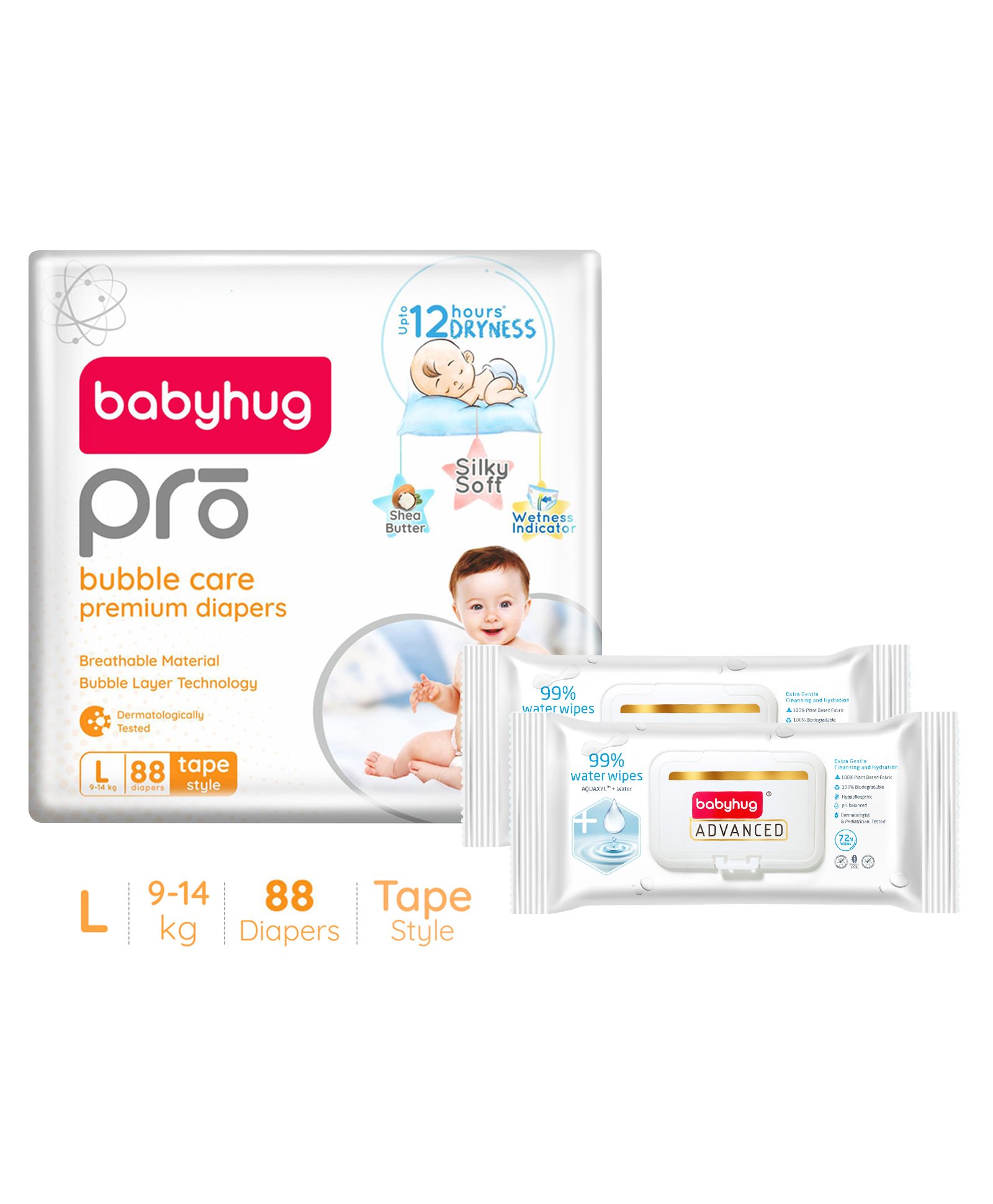 Babyhug Pro Bubble care premium Tape Style Diaper Large - 88 Pieces & Babyhug Advanced 99 Water Wipes - 72 pieces -(Pack of 2)-image-43