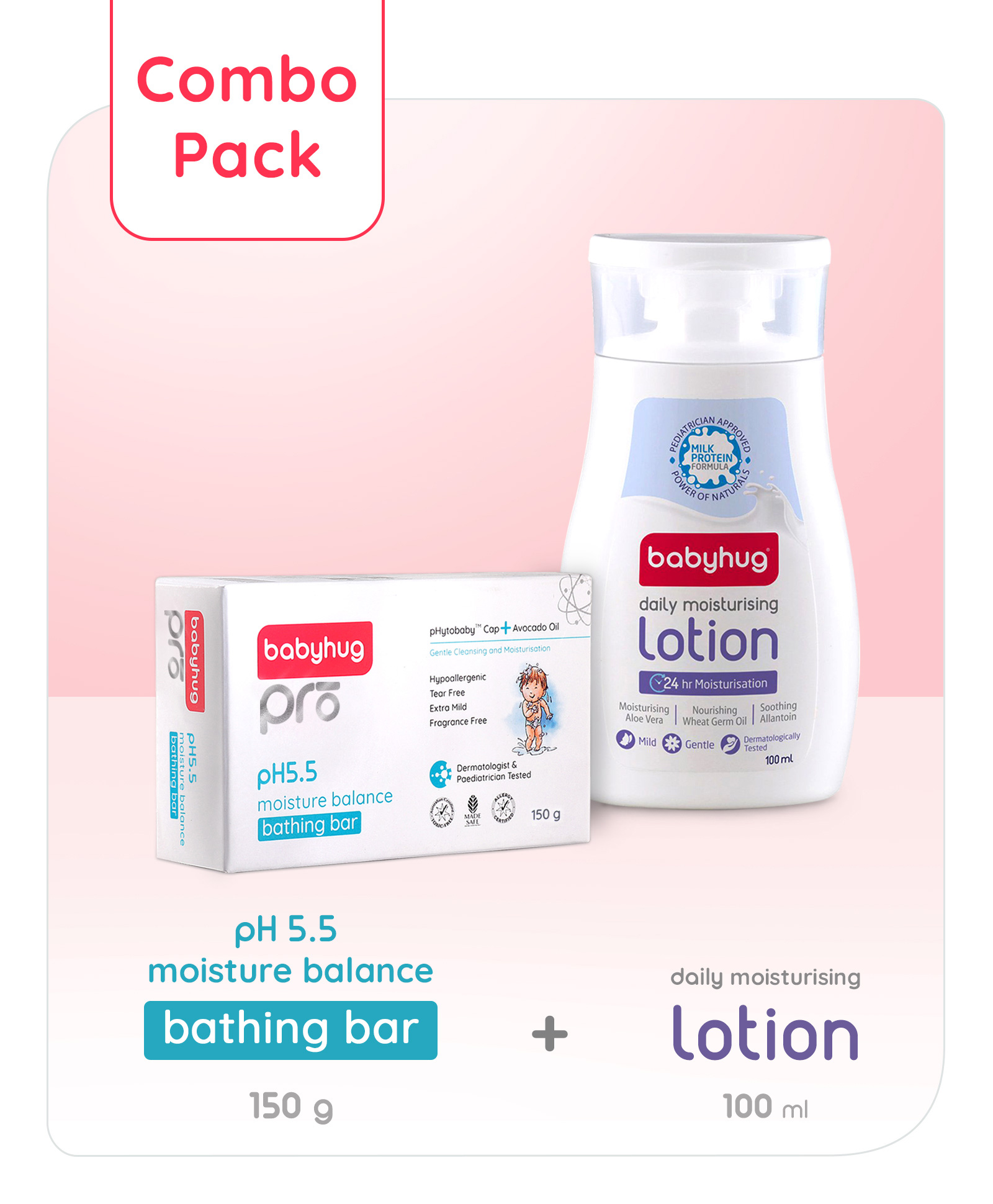 Babyhug Pro pH 55 Moisture Balance Bathing Bar - 150 gm & Babyhug Daily Moisturising Lotion - 100 ml-image-0