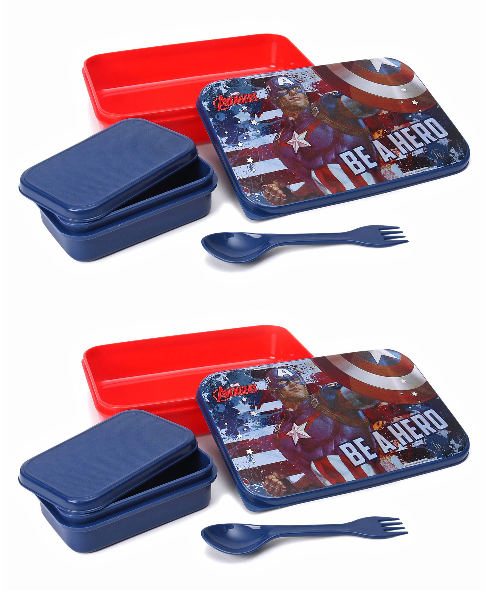 Marvel Avengers Captain America Lunch Box With Small Container Spoon Fork - Red & Blue Pack Of 2-image-9
