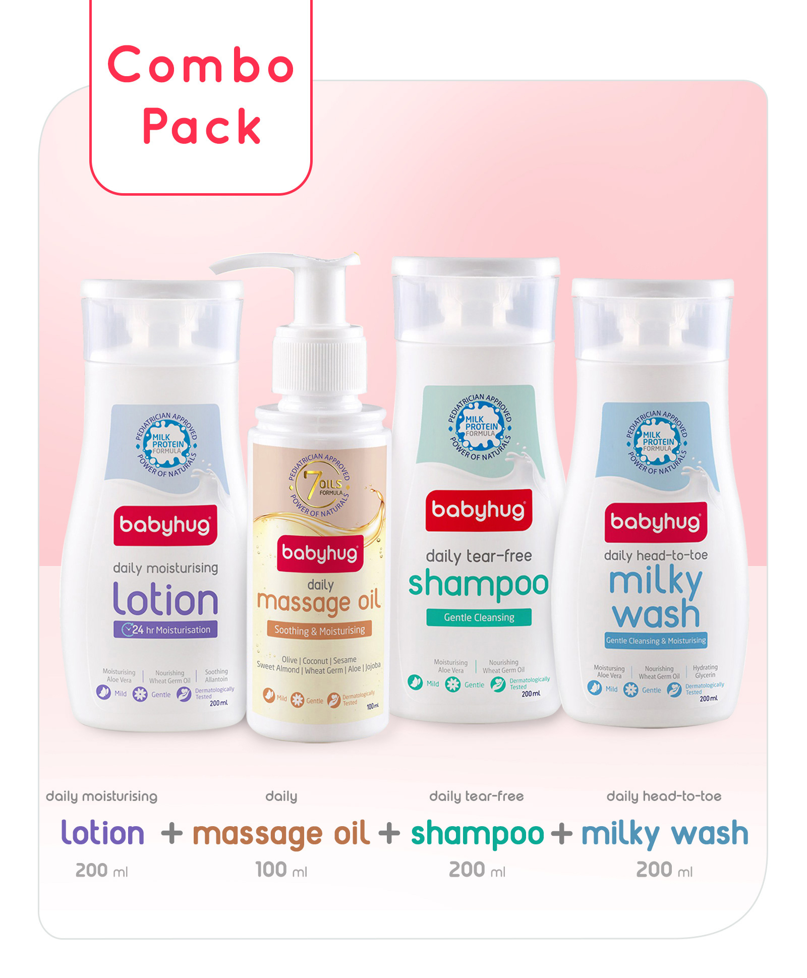 Babyhug Daily Massage Oil-100 ml,Wash,Shampoo,Lotion-200 ml Combo (Pack of 4)-image-2
