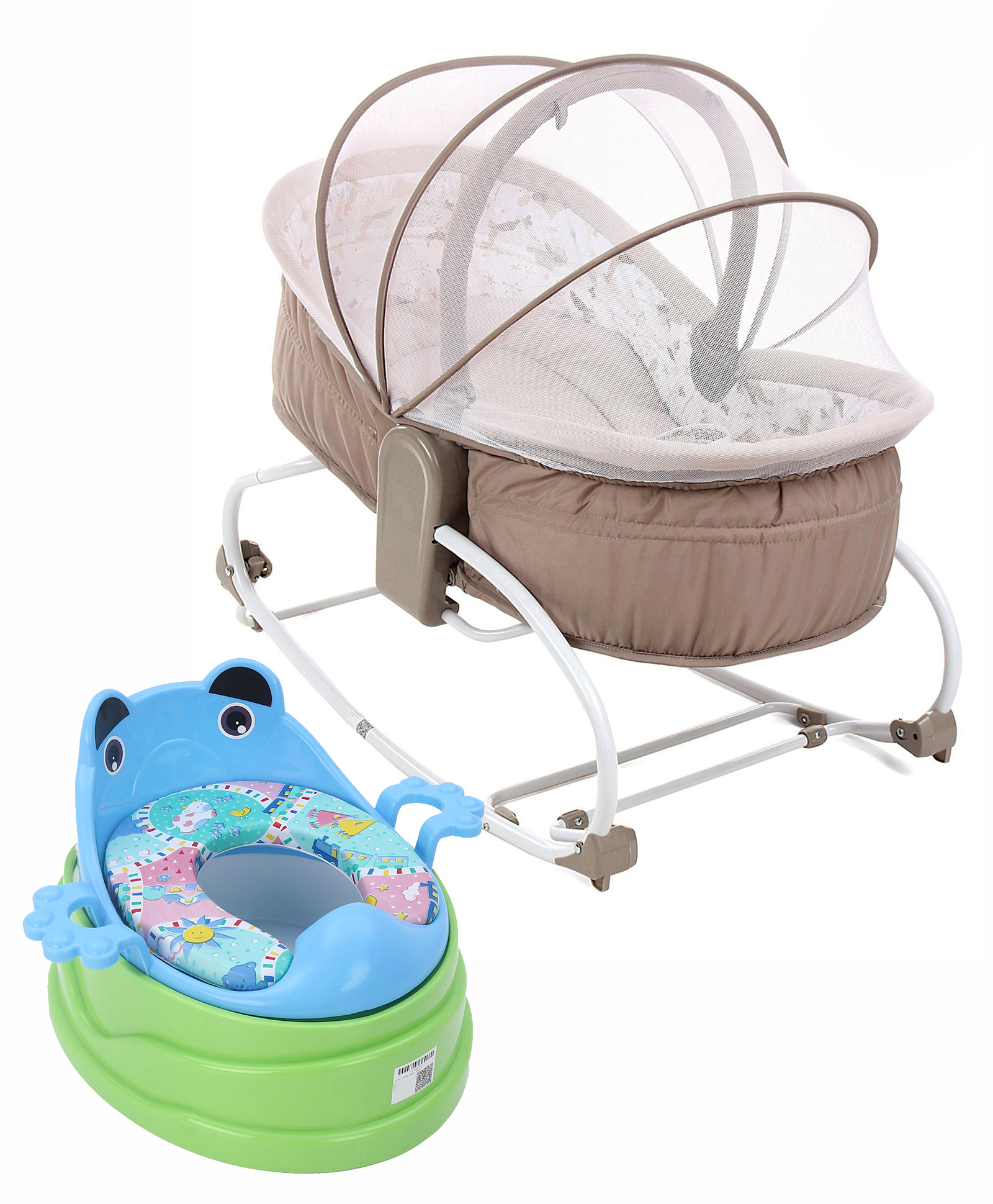 4 in 1 Potty Chair with Handle & Removable Bowl - Blue and Babyhug Opal 3 in 1 Cozy Rocker Sleeper With Mosquito Net- Beige(Without Toys)