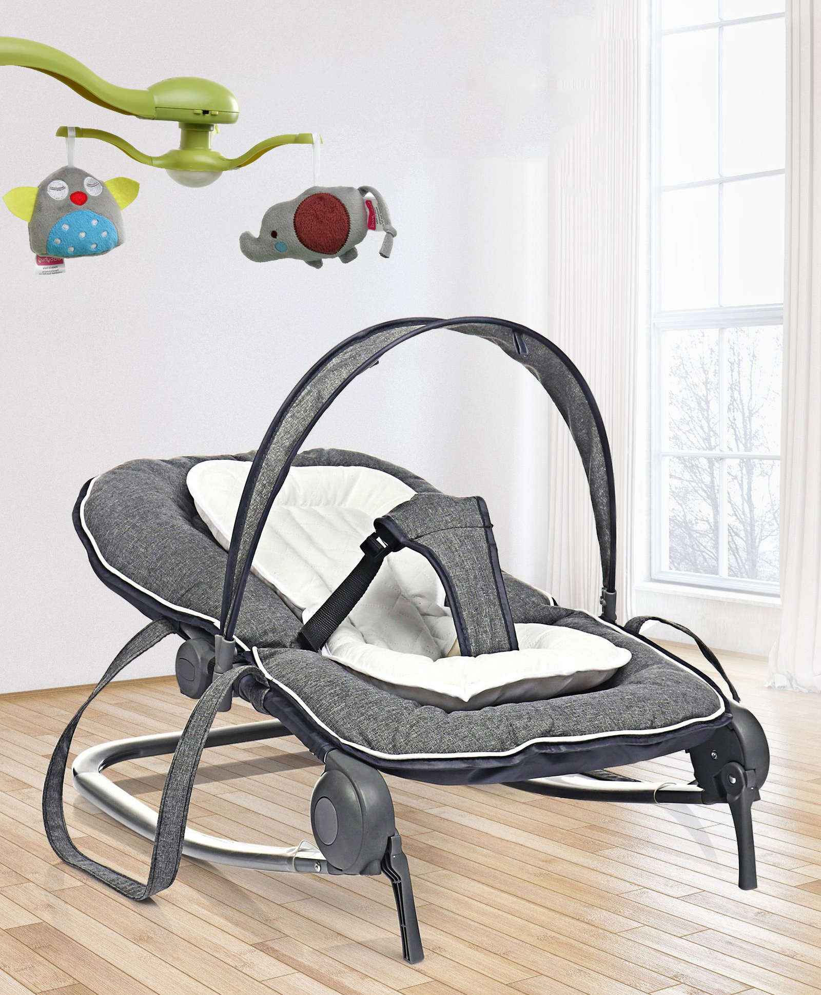 3 in 1  Baby Rocker cum Bouncer - Dark Grey and Babyhug Elephant & Owl  Clip On Soft Toys Pack of 2 Grey - Height 65 cm