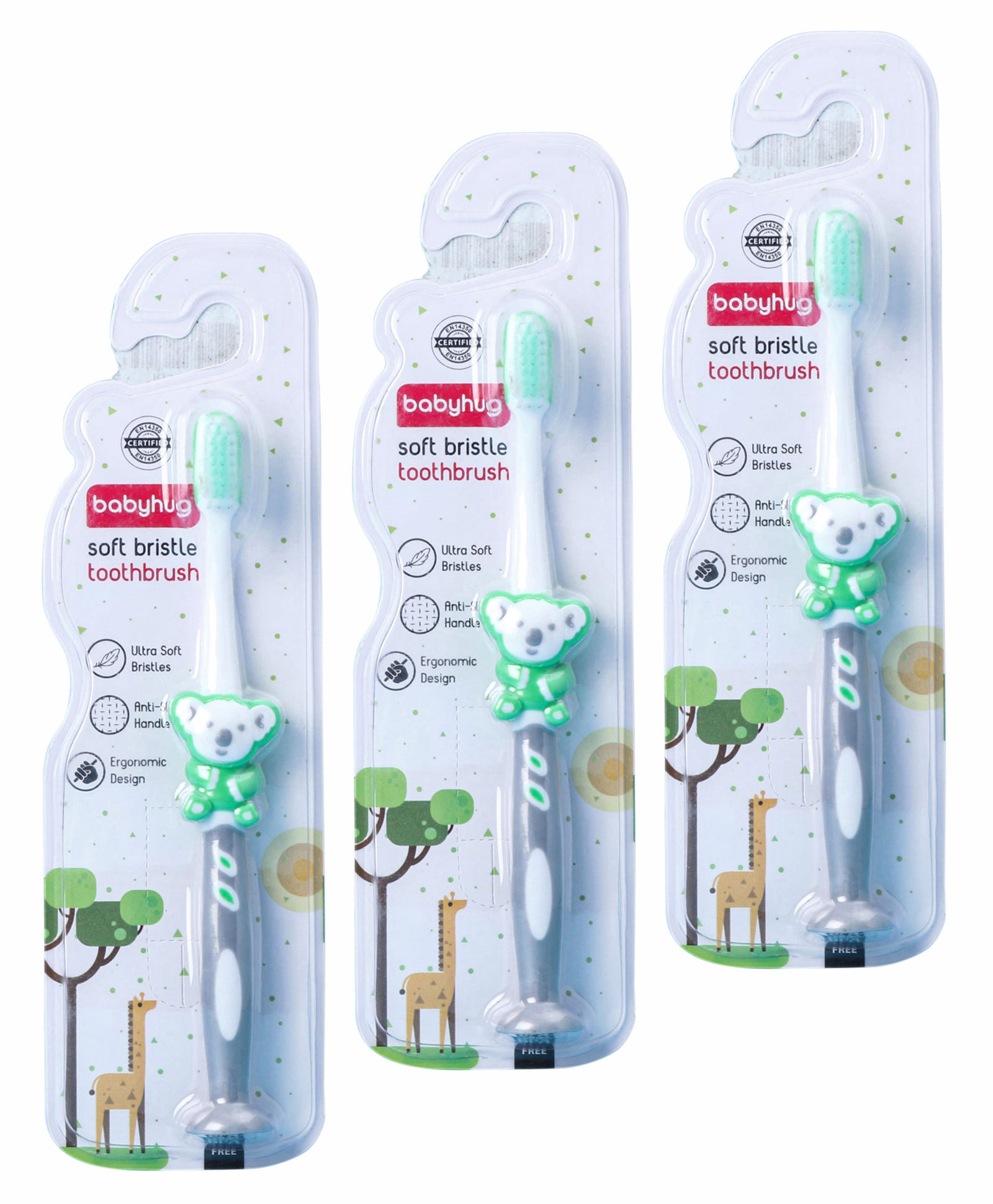 Babyhug Ultra Soft Bristles Koala Design Toothbrush - Green pack of 3-image-35