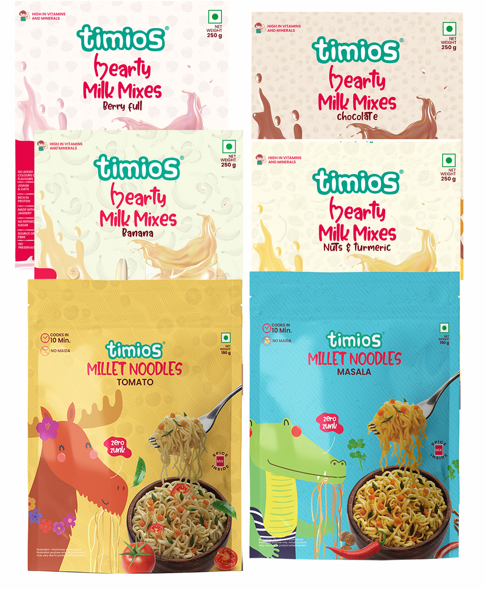 timios Banana, Chocolate, Berry Blast, Turmeric Swirl Milk Mix - 250 gm Each & Instant Noodles Tomato & Masala Flavour - 190 gm Each image 1