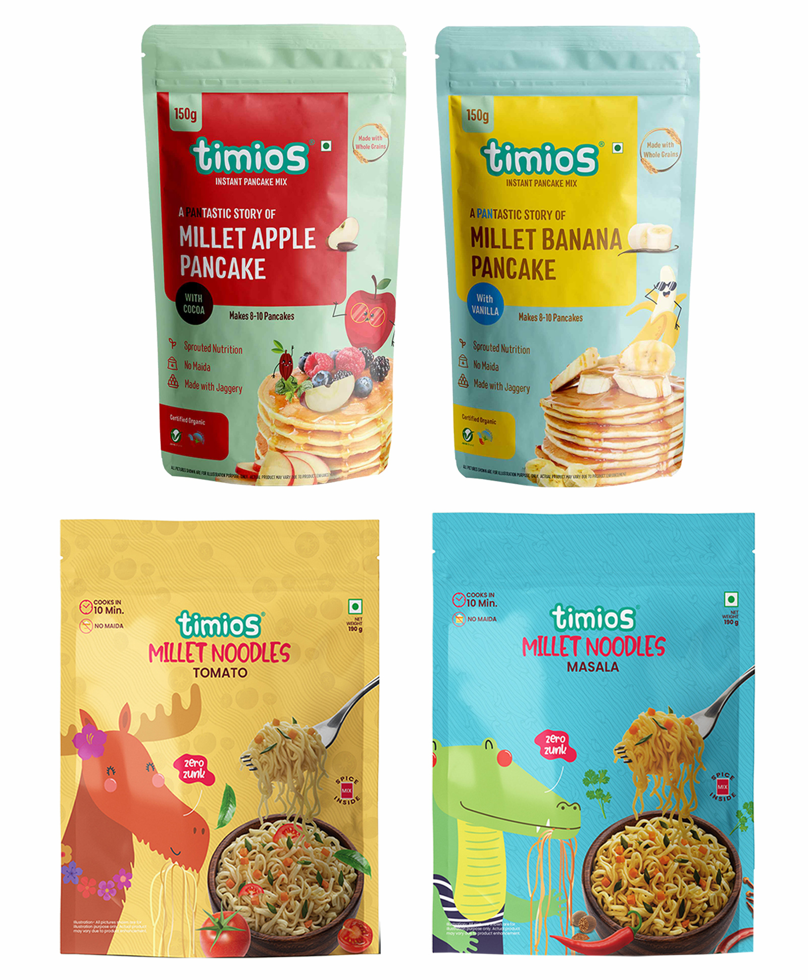 timios Healthy Multigrain Apple Millet Pancake with Cocoa 150g&Banana Millet Pancake with Vanilla 150g & Instant Millet Noodles Tomato Flavour 190g &Millet Masala Flavoured Instant Noodles 190g-image-10