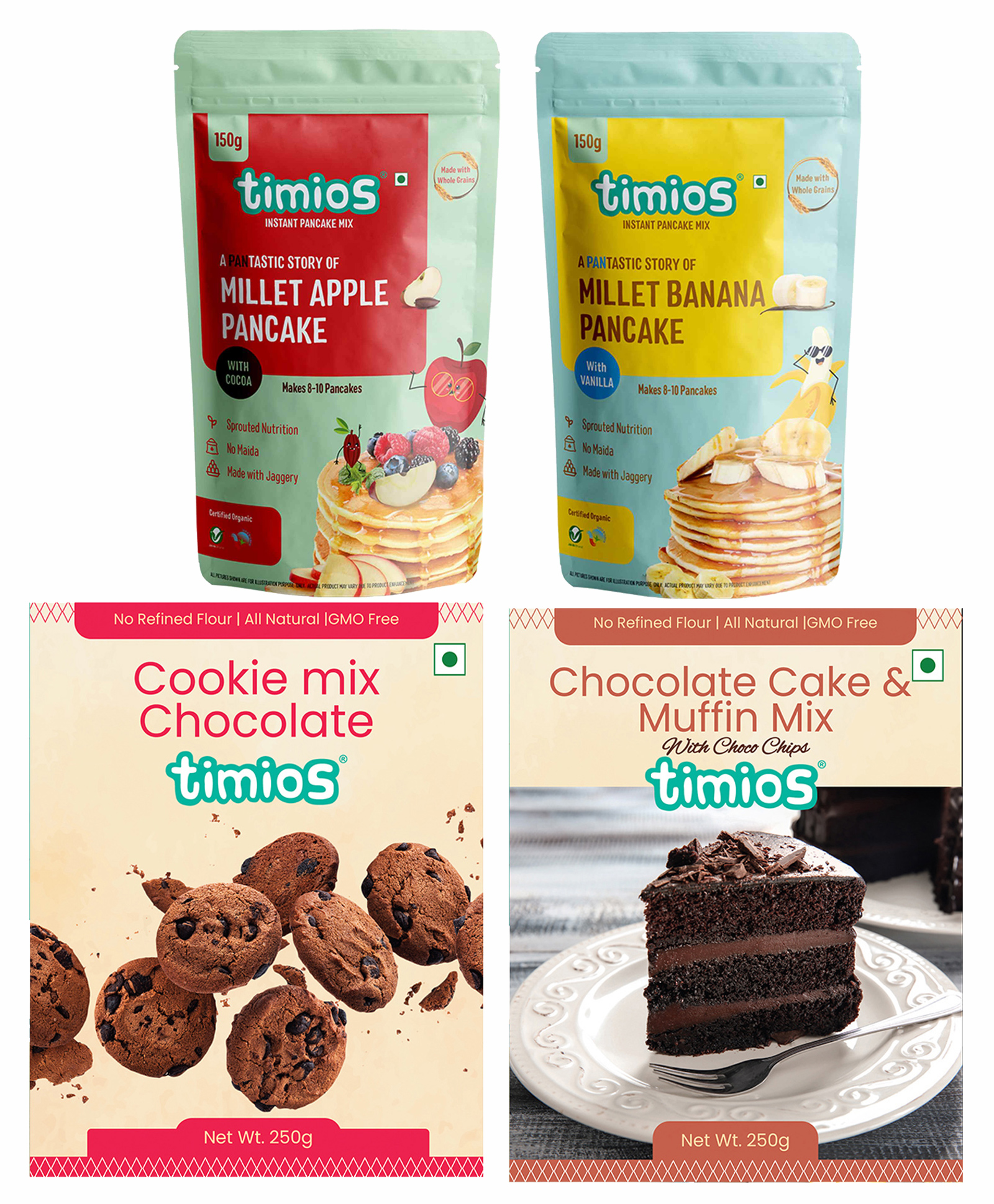 timios Multigrain Apple Millet Pancake with Cocoa 150g&Multigrain Banana Millet Pancake with Vanilla 150g&Multigrain Eggless Instant Chocolate Cake Mix- 250g&Eggless Instant Chocolate Cookie Mix 250g image 1