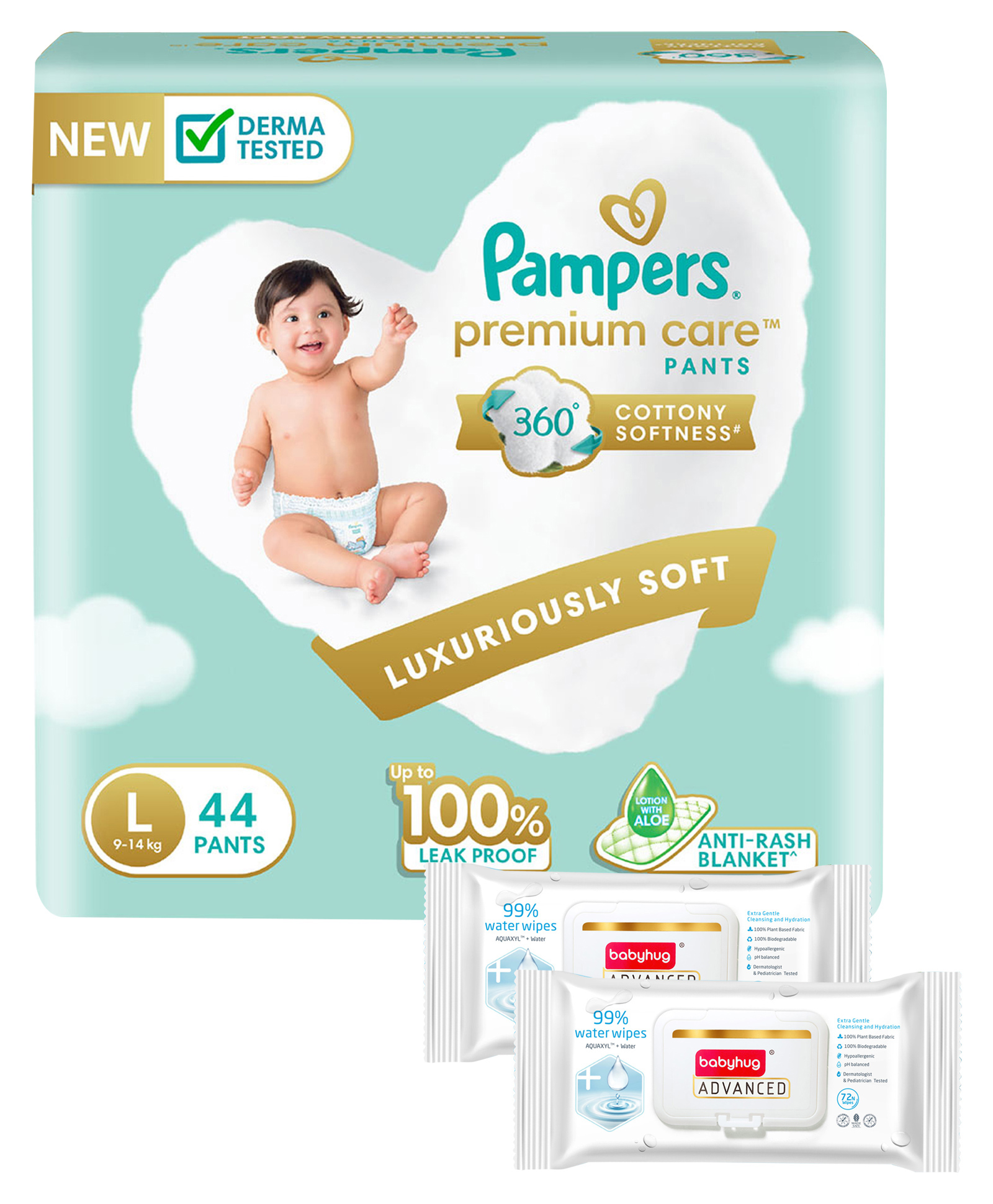 Pampers Premium Care Pants, Large size baby diapers (L), 44 Count, Softest ever Pampers pants & Babyhug Advanced 99 Water Wipes - 72 pieces - (Pack of 2)-image-15