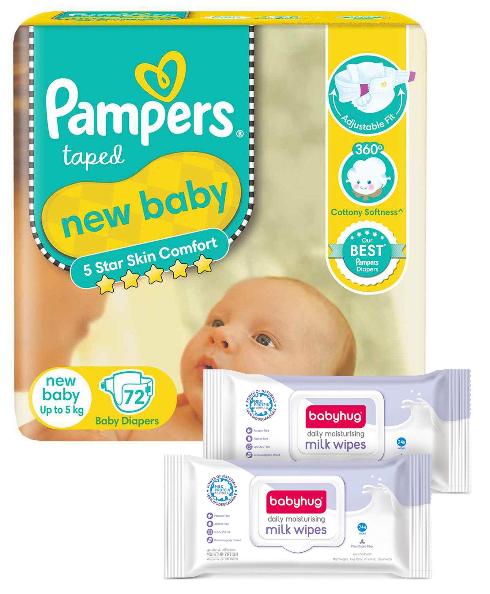 Pampers Active Baby Diapers, New Born, Extra Small, (NB, XS) size, 72 Count, Taped style diaper & Babyhug Daily Moisturising Milk Wipes - 24 Pieces - (Pack of 2)-picture-47