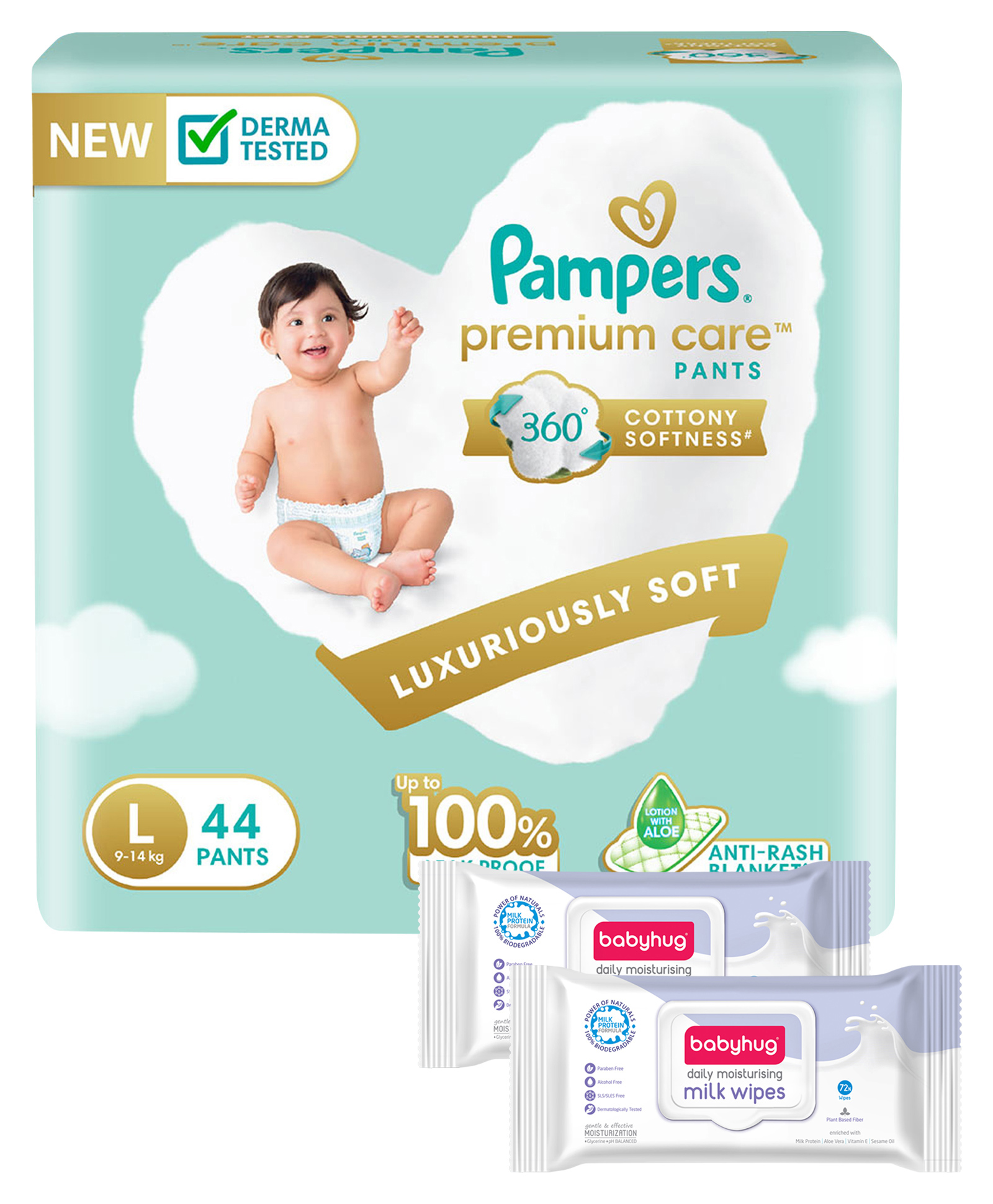 Pampers Premium Care Pants, Large size baby diapers (L), 44 Count, Softest ever Pampers pants & Babyhug Daily Moisturising Milk Wipes - 24 Pieces - (Pack of 2)-picture-38