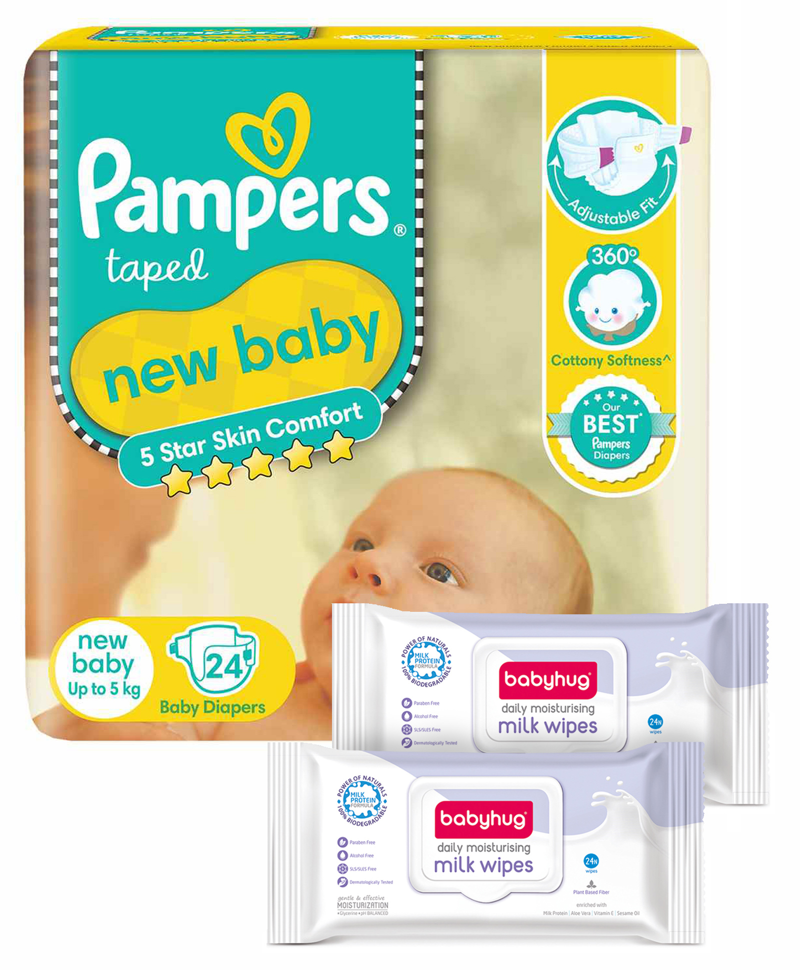Pampers Active Baby Diapers, New Born, Extra Small, (NB, XS) size, 24 Count, Taped style diaper & Babyhug Daily Moisturising Milk Wipes - 24 Pieces - (Pack of 2)-picture-41