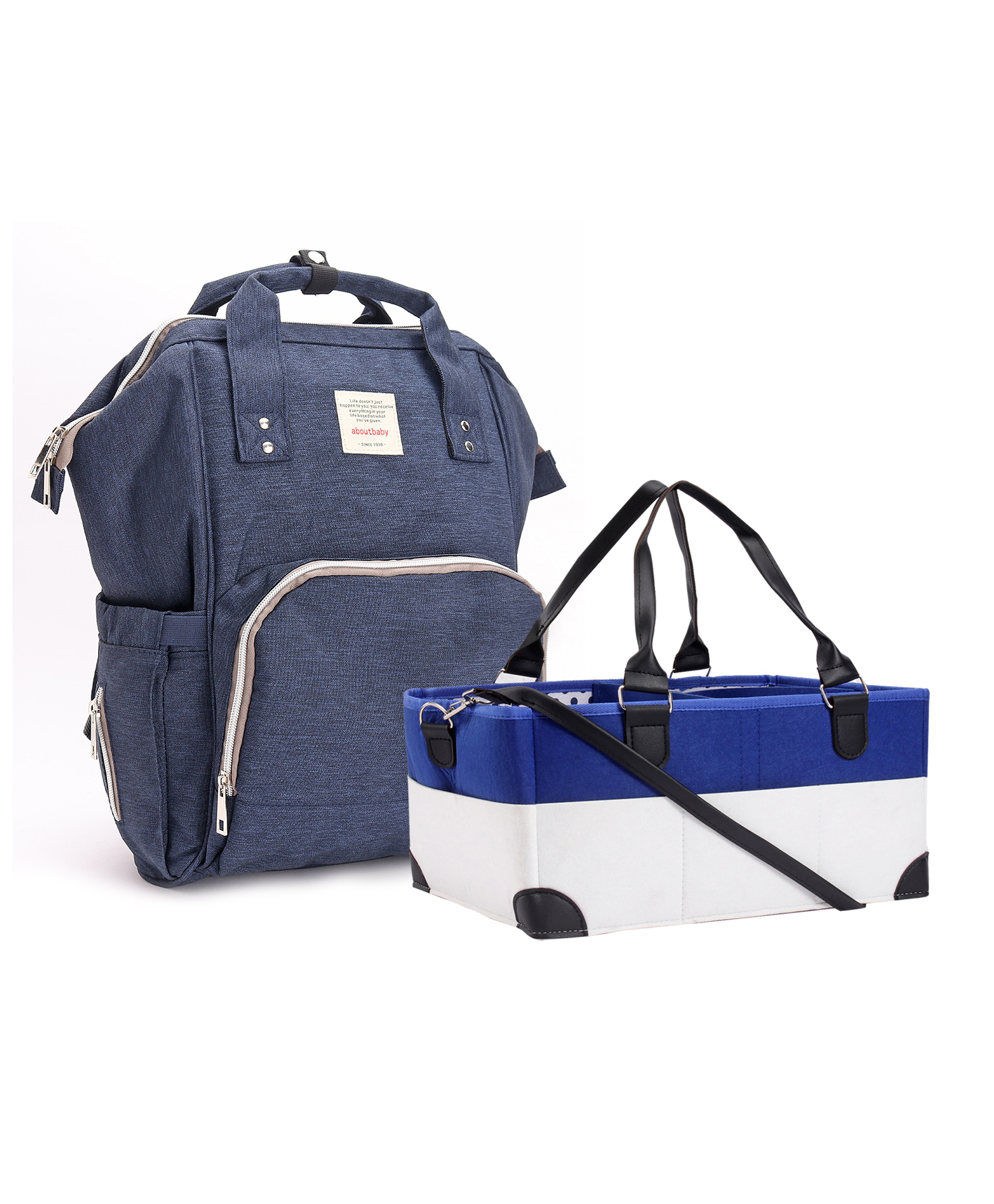 fab n funky Baby Diaper Caddy Storage Bag White & Blue  and Diaper Backpack Navy Blue image 1