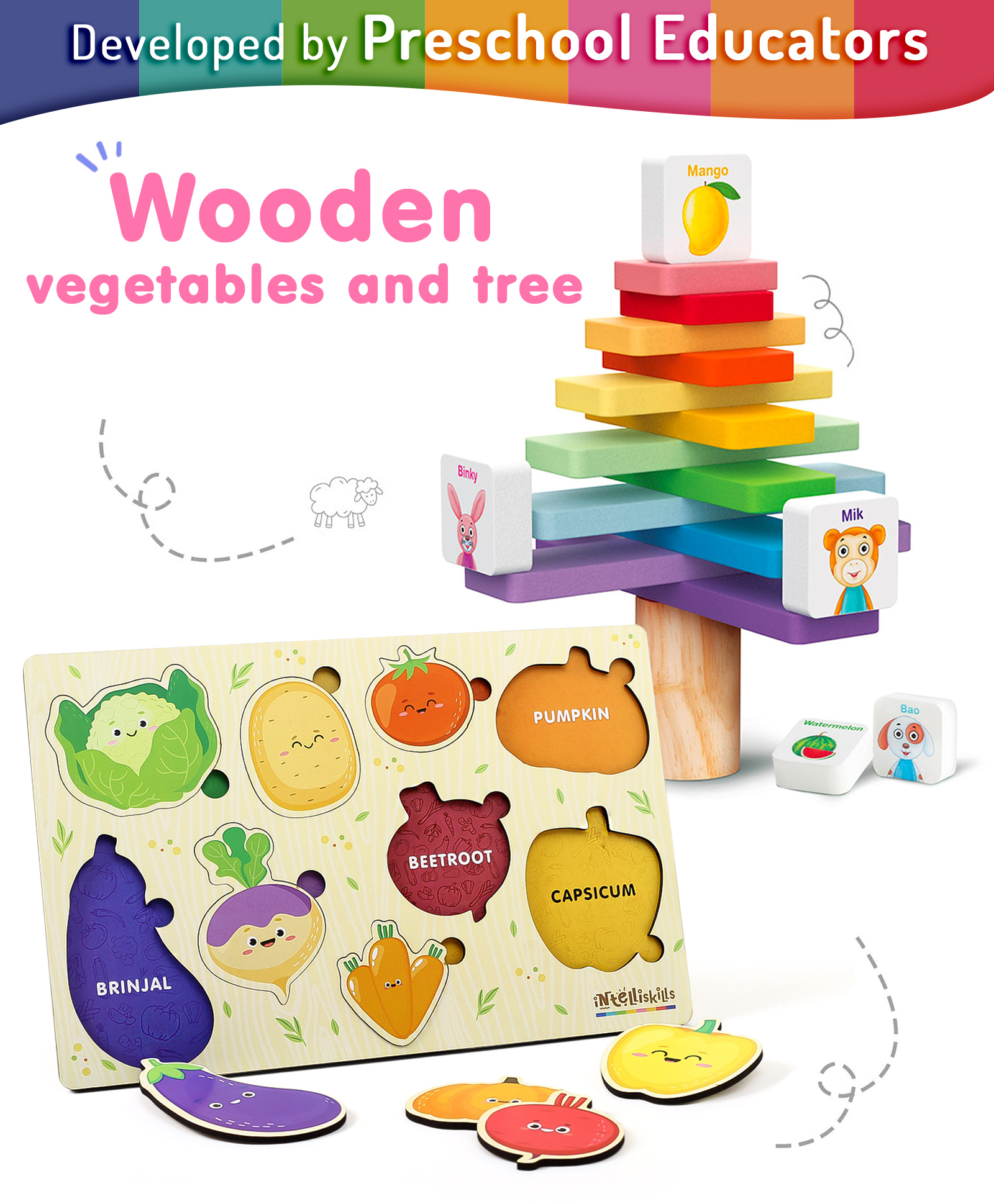 Intelliskills Balancing Tree Stacker & Hide N Seek Fruits Tray Combo image 1