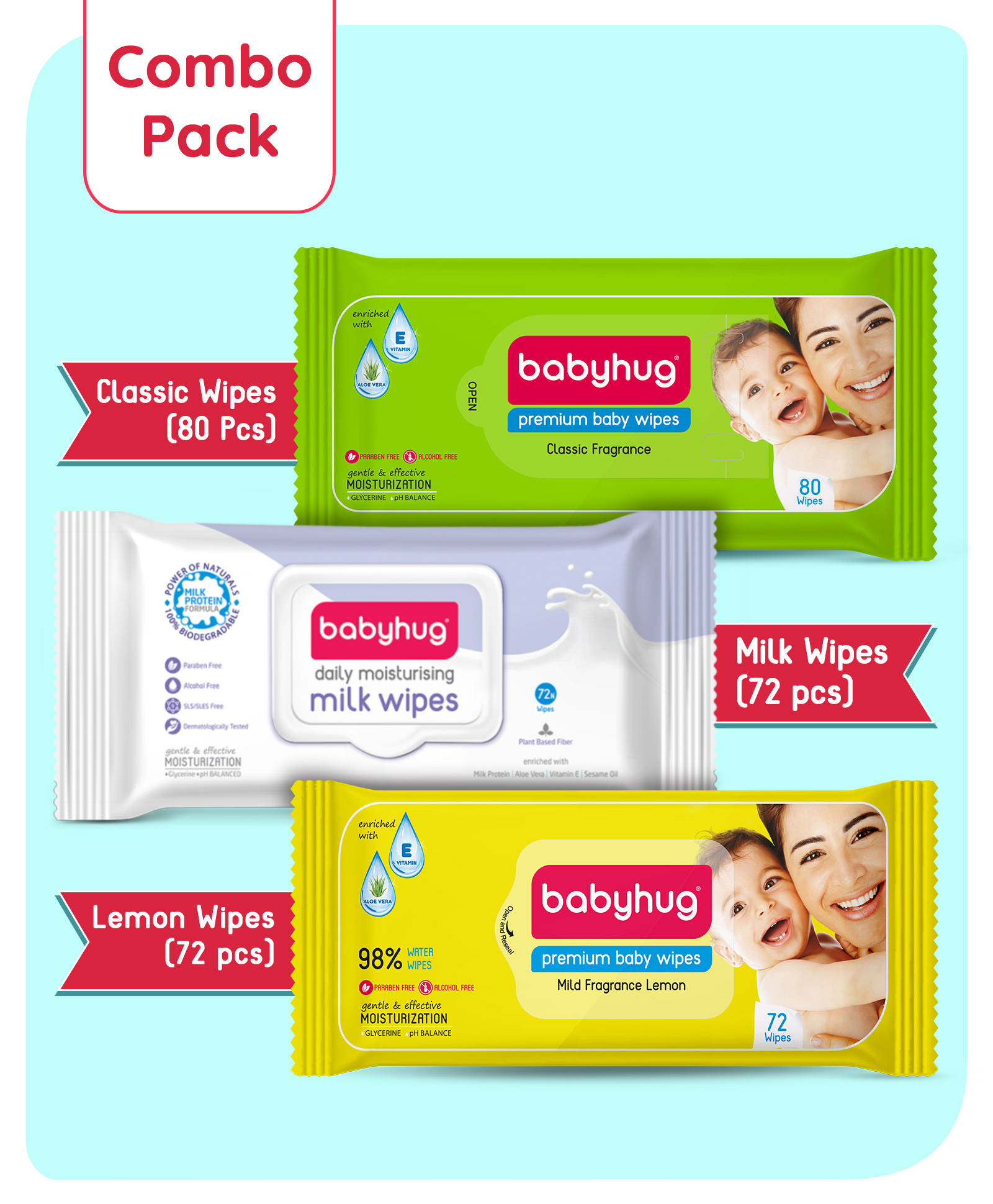 Babyhug Wipes Assorted Pack of 3 (Classic, Milk & Lemon)