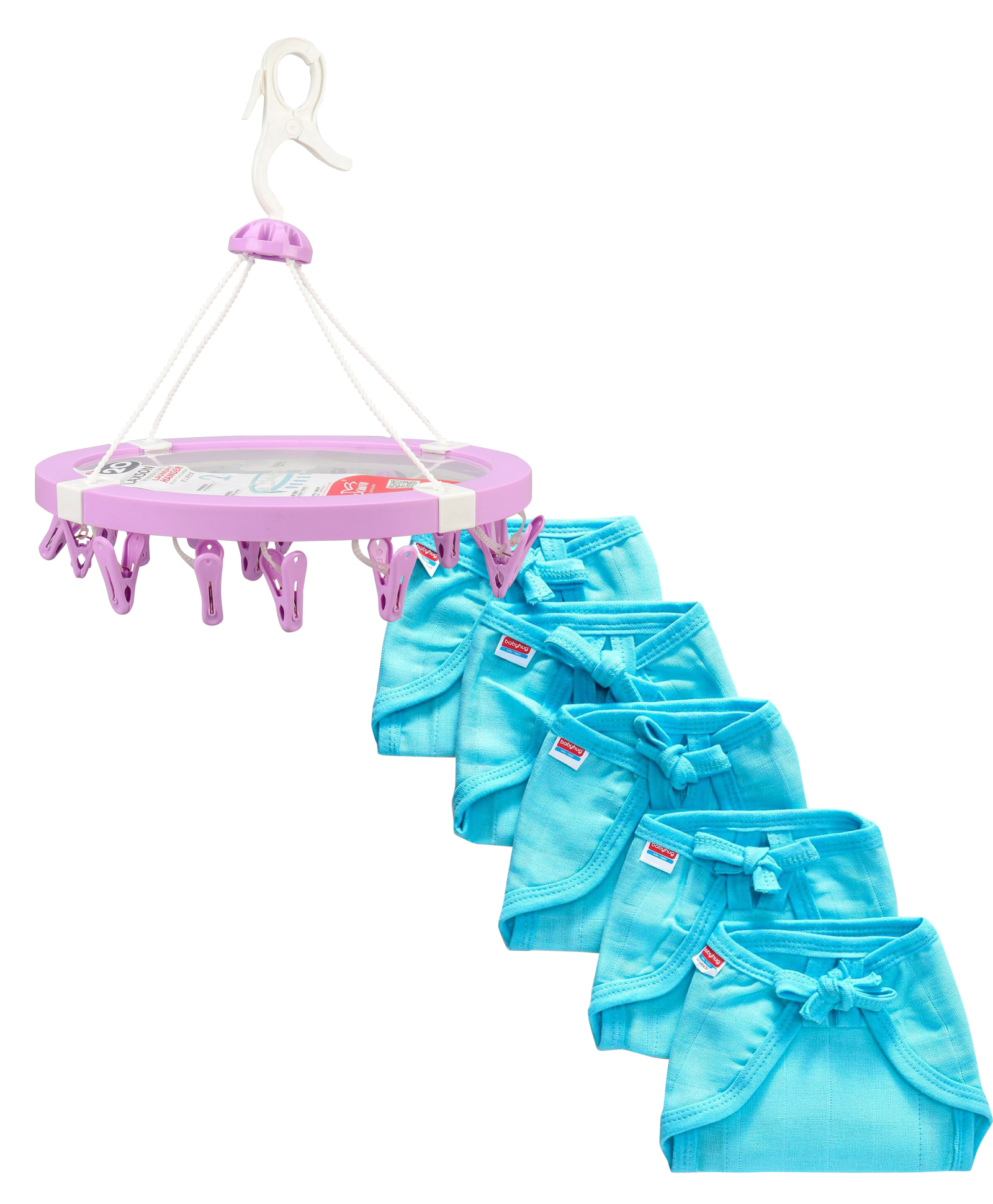 fab n funky Babyhug U Shape Reusable Muslin Nappy Set Lace Extra Small Pack Of 5 & hanger with 20 clips image 1