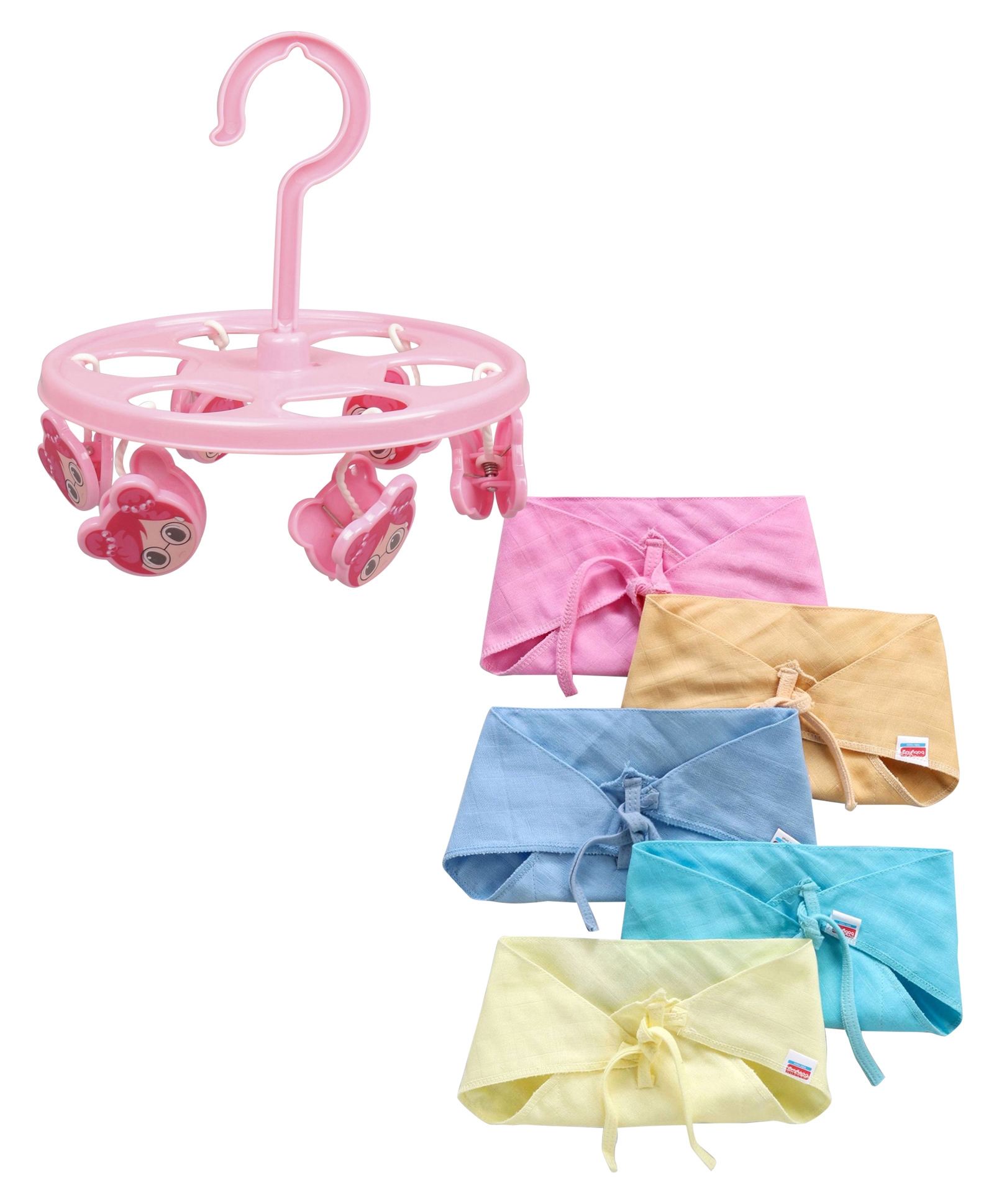fab n funky Babyhug Muslin Cotton Reusable Triangle Cloth Nappies Small Set Of 5 & hanger with 6 clips image 1