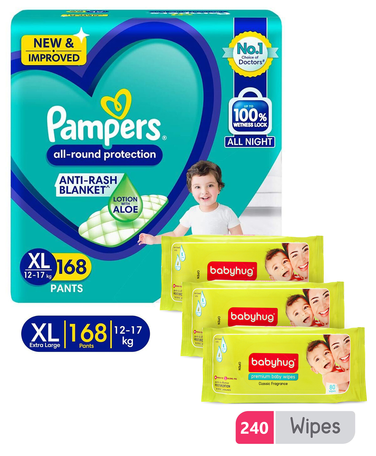 Pampers All round Protection Pants Lotion With Aloe Vera Extra Large Size Baby Diapers - 168 Pieces & Babyhug Premium Baby Wipes - 80 Pieces - (Pack of 3)-picture-38