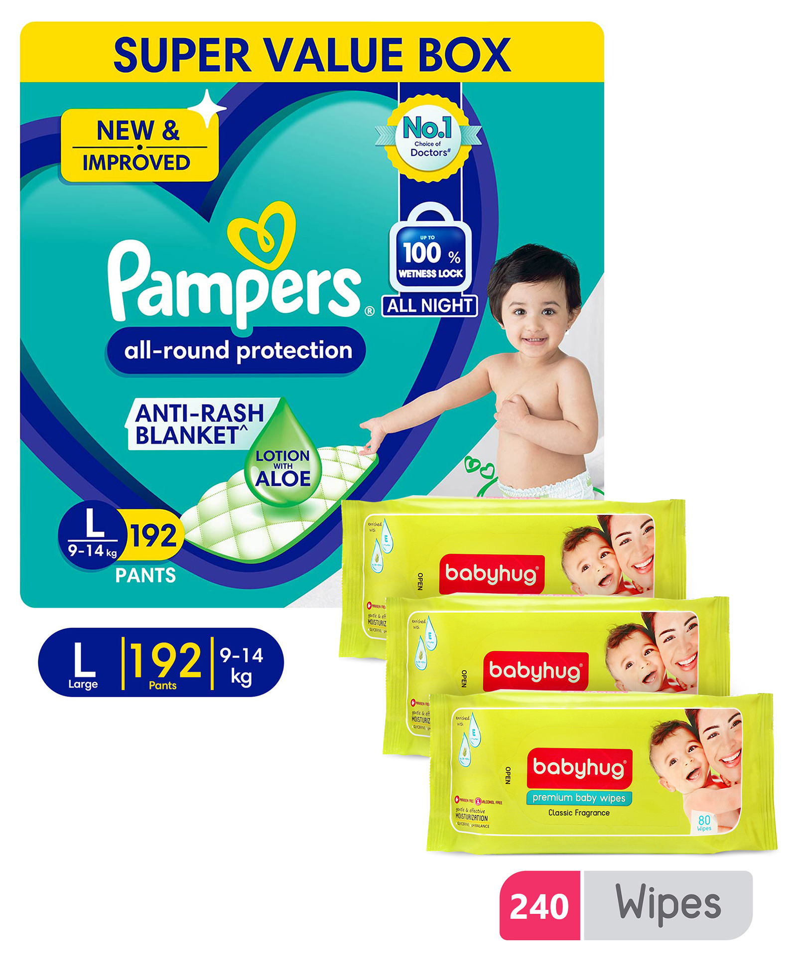 Pampers All round Protection Pants Aloe Vera With Lotion Large Size Baby Diapers - 192 Pieces & Babyhug Premium Baby Wipes - 80 Pieces - (Pack of 3)-picture-39