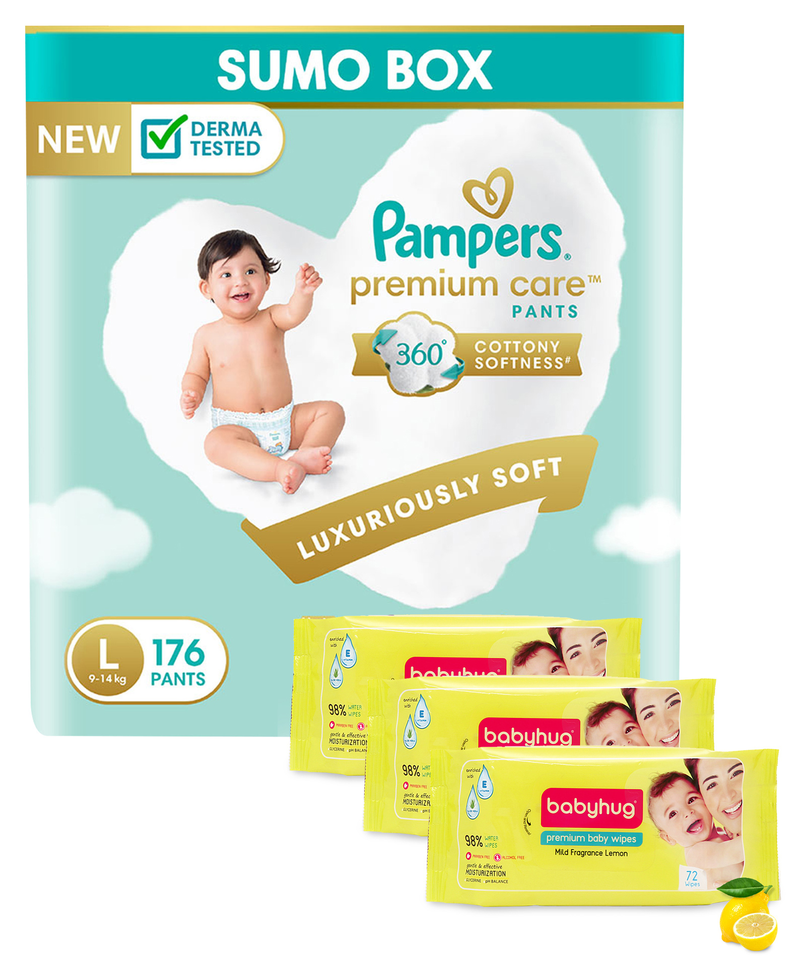 Pampers Premium Care Pants Baby Diapers Large Size - 176 Pieces & Babyhug Premium Baby Lemon Wipes - 72 Pieces - (Pack of 3)-picture-37