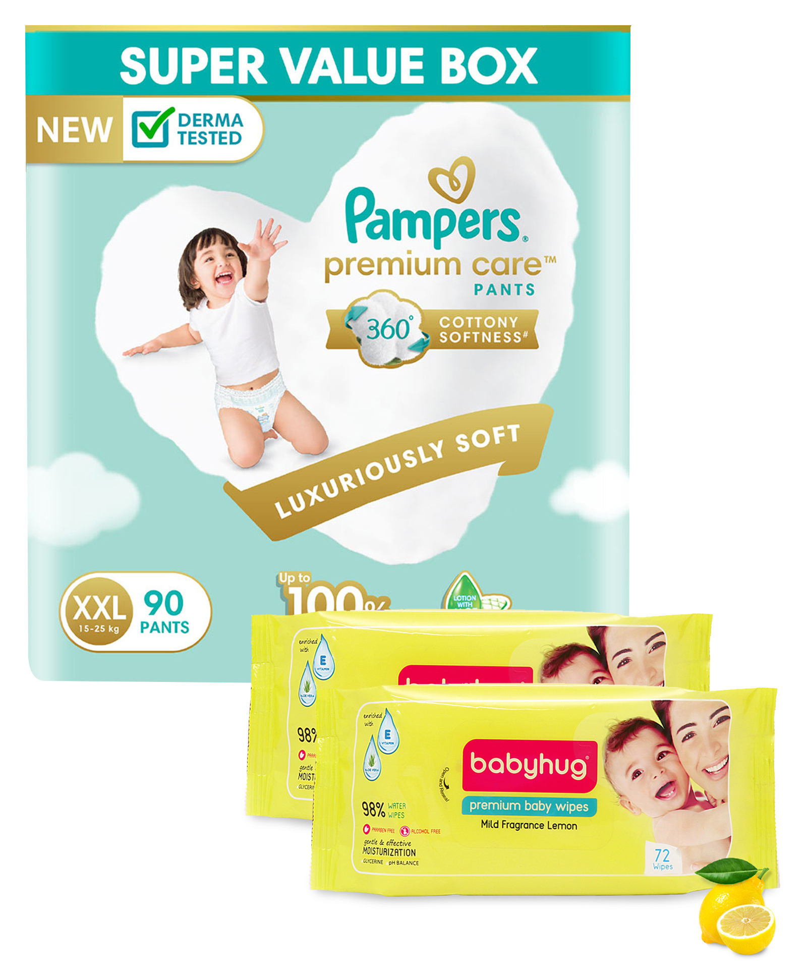 Pampers Premium Care Pants Baby Diapers Double Extra Large Size - 90 Pieces & Babyhug Premium Baby Lemon Wipes - 72 Pieces - (Pack of 2)-image-7