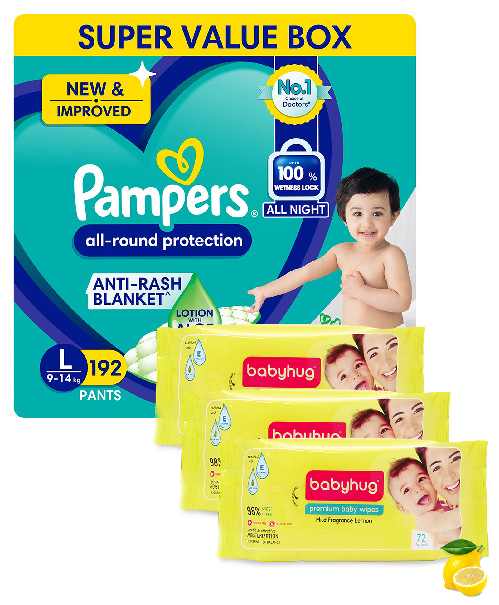 Pampers All round Protection Pants Aloe Vera With Lotion Large Size Baby Diapers - 192 Pieces & Babyhug Premium Baby Lemon Wipes - 72 Pieces - (Pack of 3)-picture-36