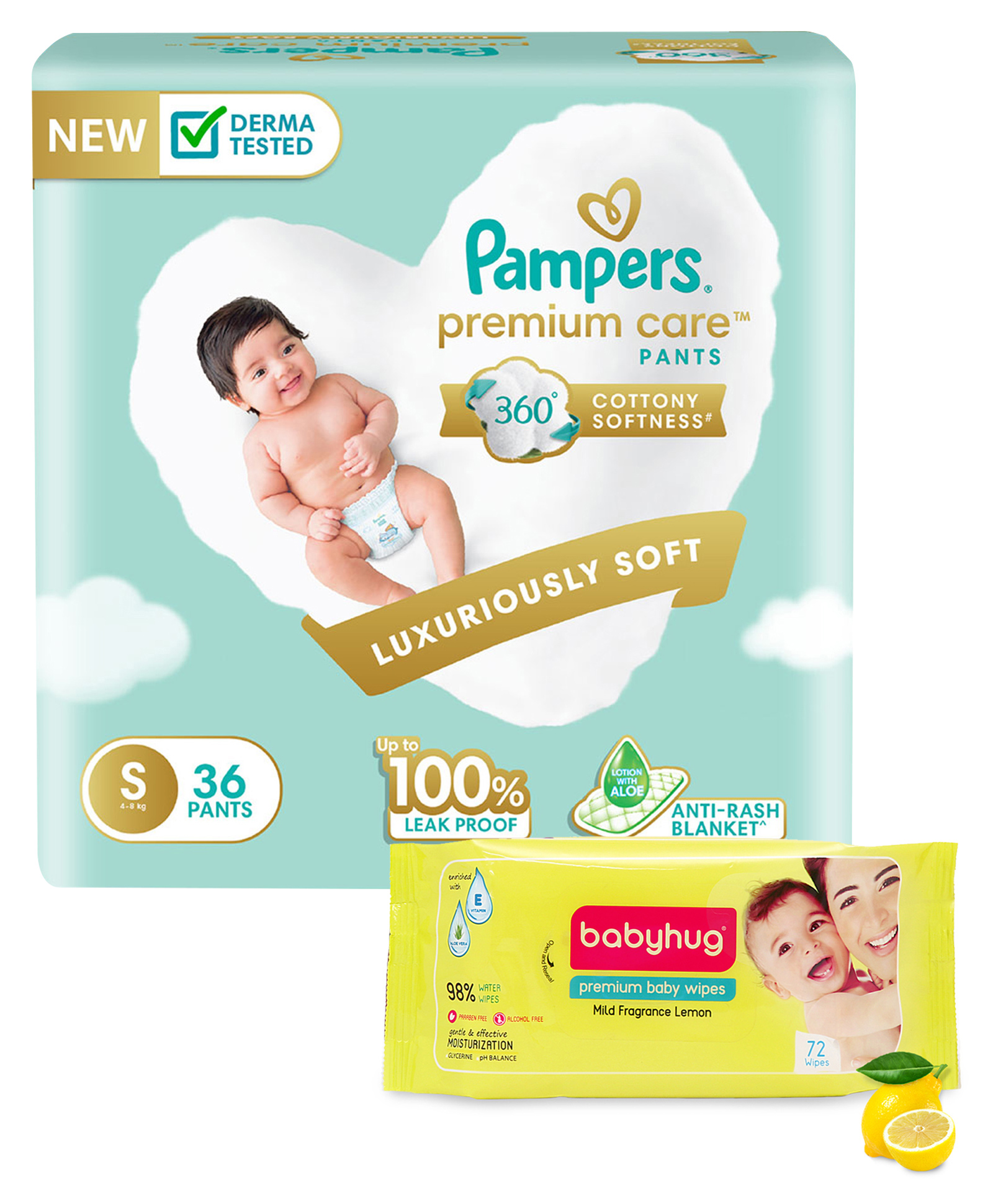 Pampers Premium Care Small Size Softest Ever Baby Diaper Pants - 36 Pieces & Babyhug Premium Baby Lemon Wipes - 72 Pieces-picture-33