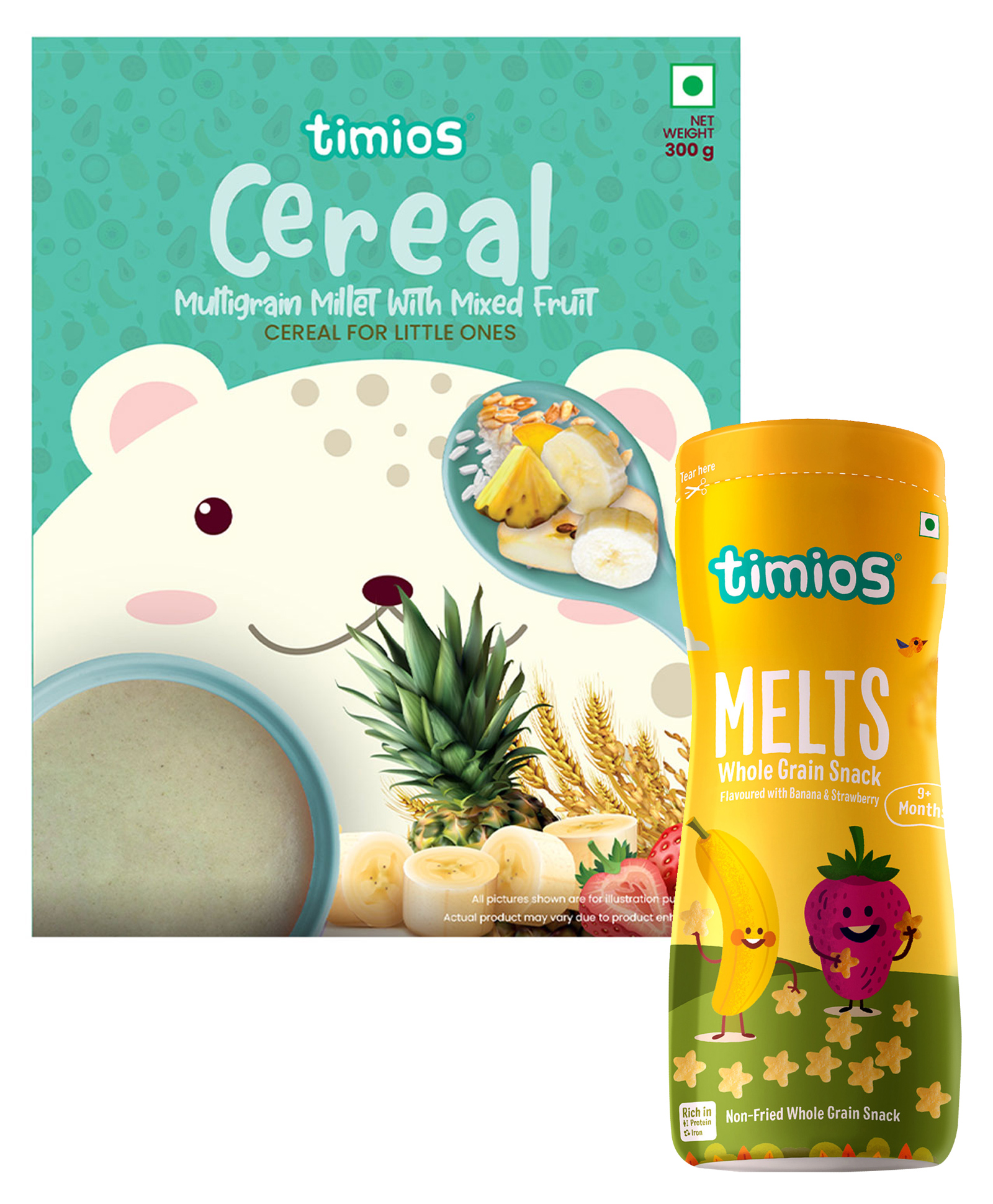timios Instant &Healthy 100% Natural Mixed Fruit & Multigrain Millet Cereal With Milk Benefits -300g & timios Melts Non-Fried No-Maida Wholegrain Star Shaped Snacks Banana and Strawberry Flavour-50g image 1