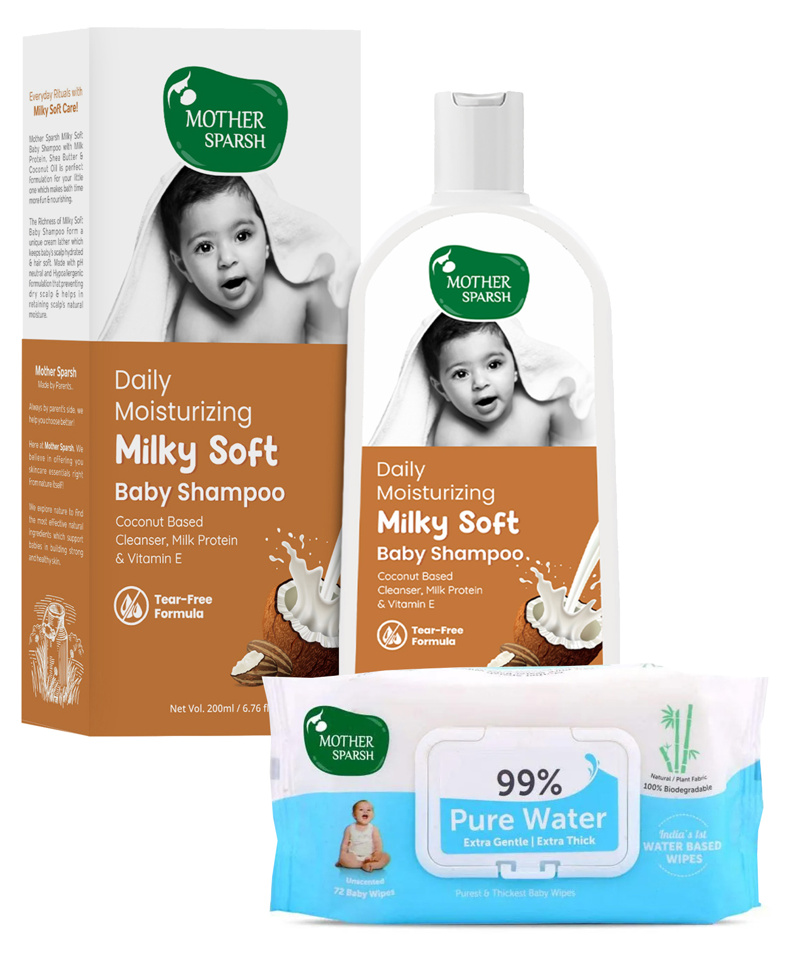 Mother Sparsh Unscented 99 % Pure Water Unscented Baby Wipes 72 Pieces & Daily Moisturizing Milky Soft Baby Shampoo - 200 ml-image-34