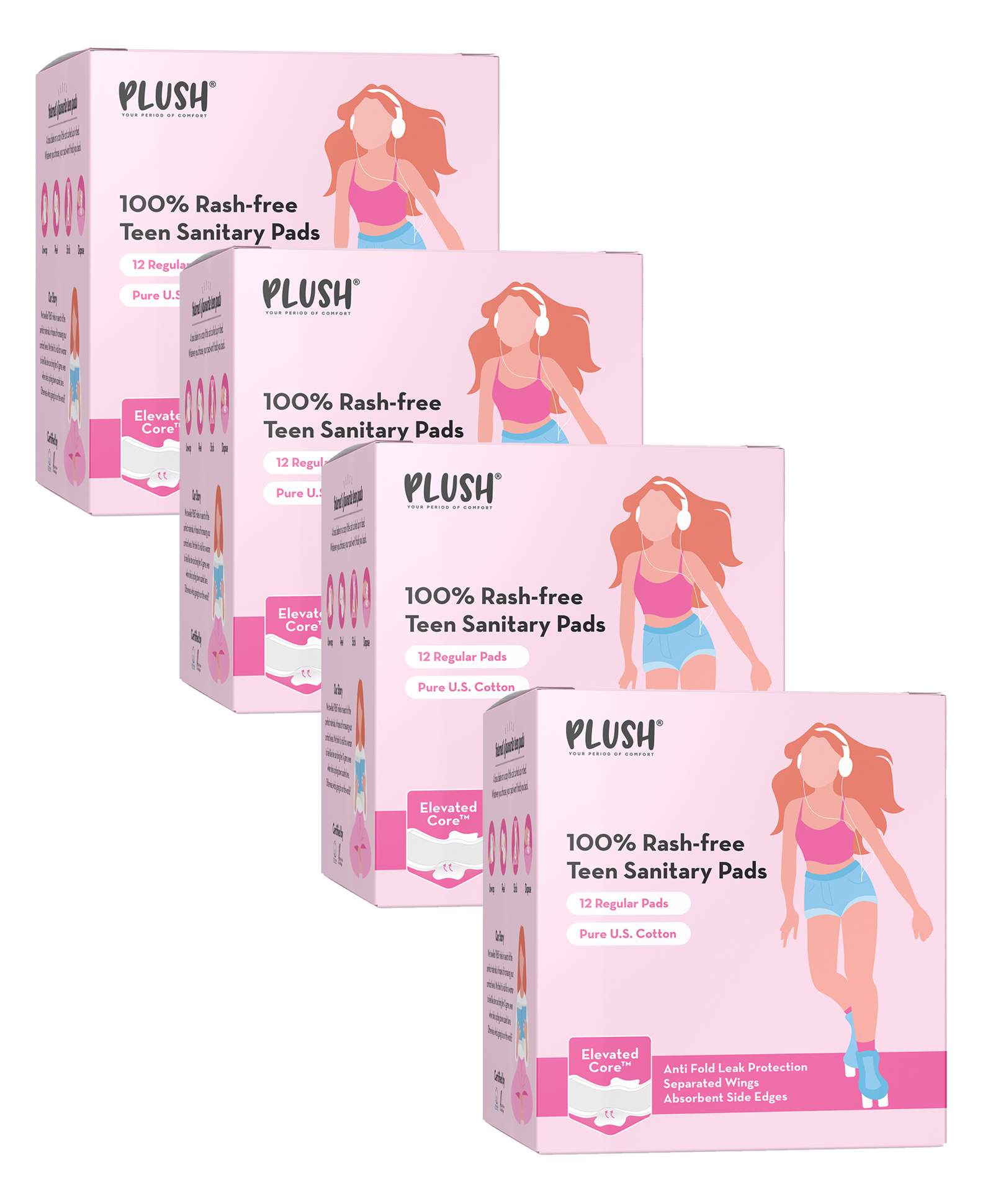 Plush Teen Rash-Free Sanitary Pads - Pack of 12 (Pack of 4)