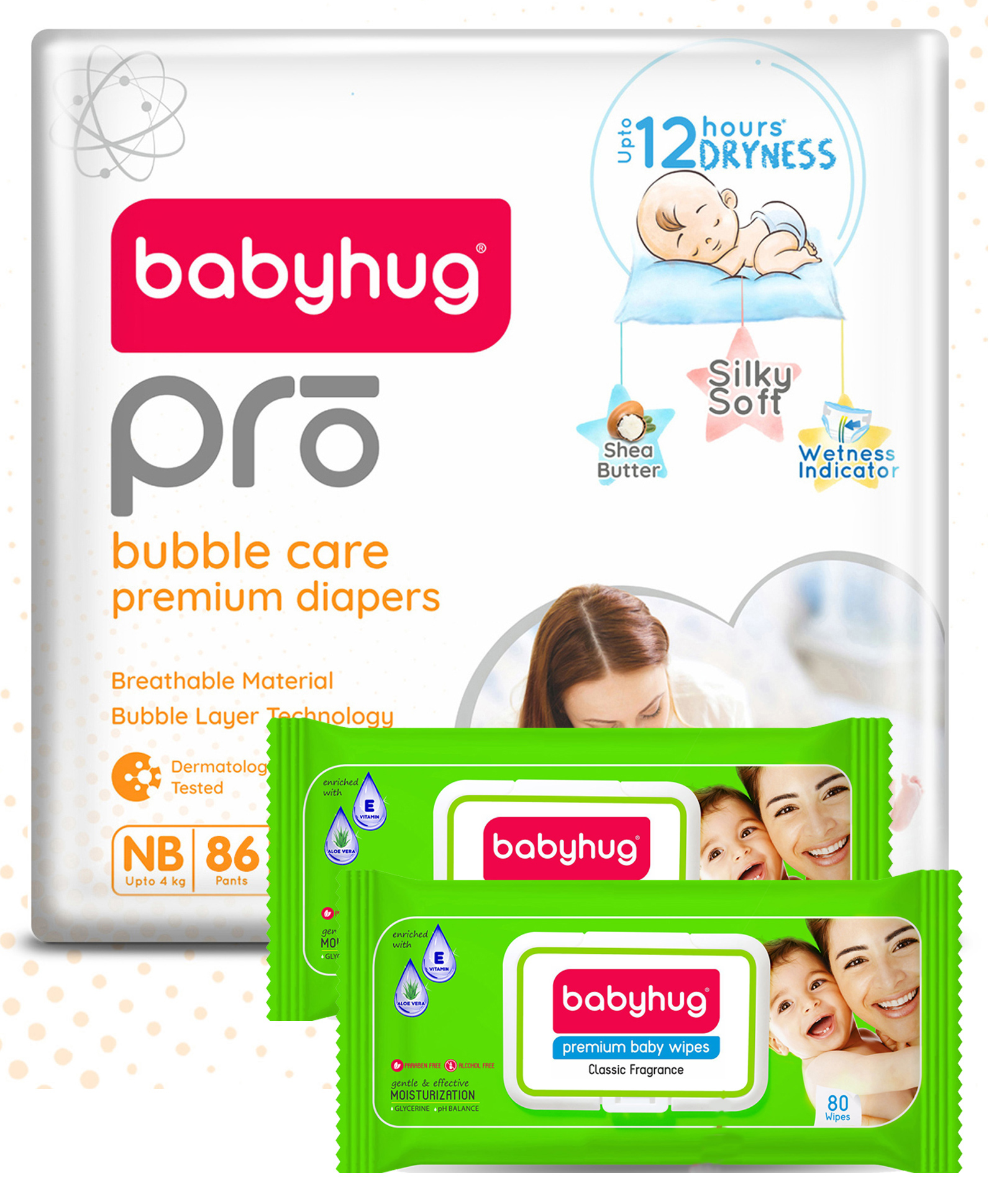 Babyhug Pro Bubble Care Premium Tape Style Diaper New Born (NB) Size - 86 Pieces & Babyhug Premium 98% Water Baby Wet Wipes With Lid - 80 Pieces - (Pack of 2)-image-12
