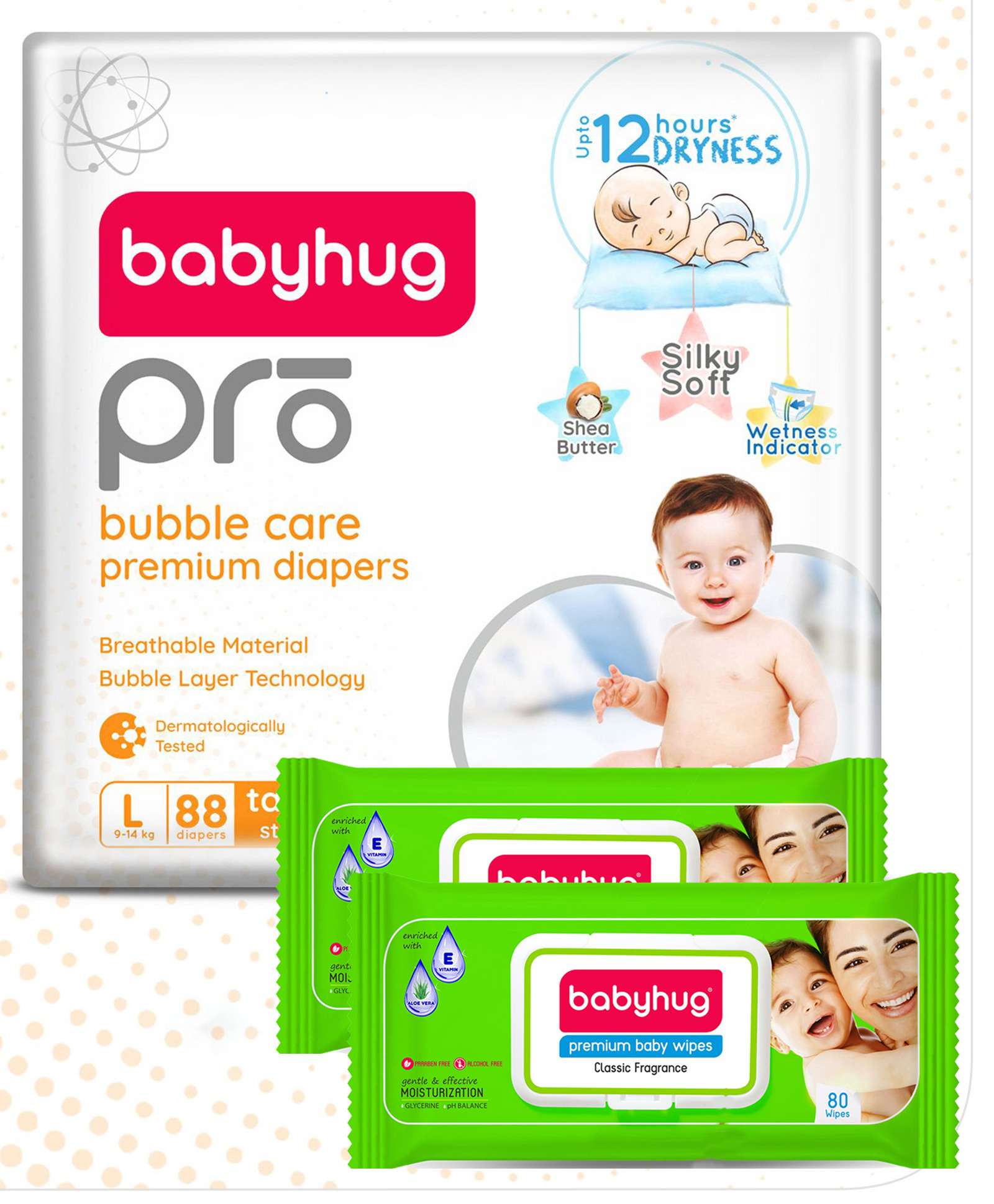 Babyhug Pro Bubble Care Premium Tape Style Diaper Large (L) Size - 88 Pieces & Babyhug Premium 98% Water Baby Wet Wipes With Lid - 80 Pieces - (Pack of 2)-picture-17