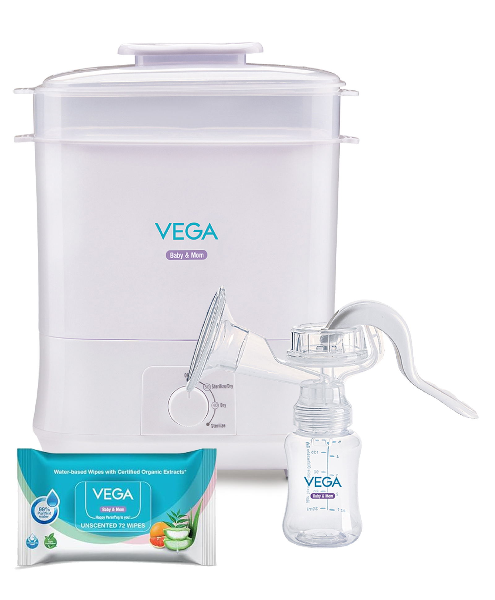 Vega Baby & Mom 4 in 1 Electric Steam Sterilizer with Dryer- White &  Manual Breast Pump VBBF3-01 - White &  Pure Water Wet Wipes- Pack of 72