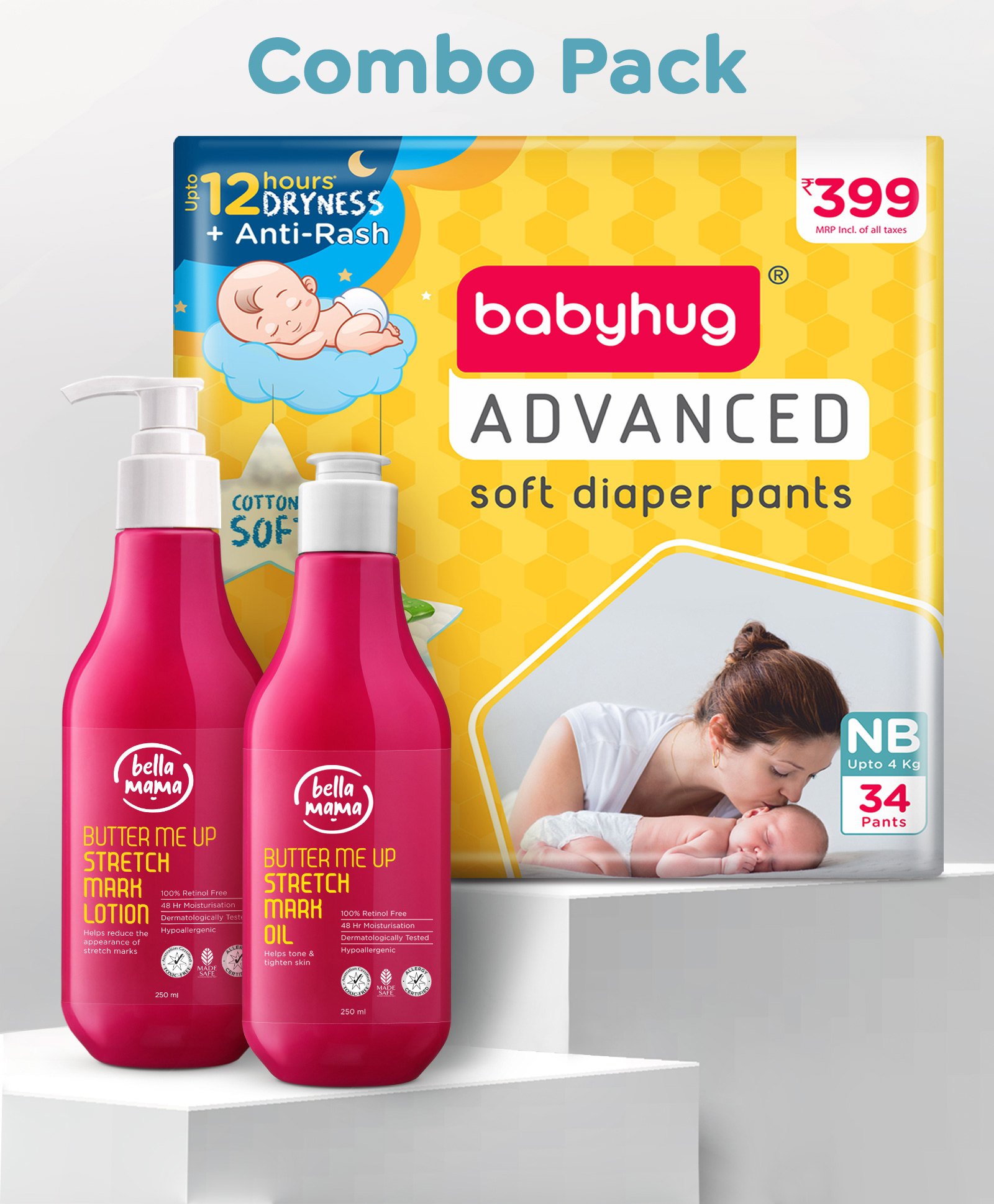 Mom and Baby Combo Pack of 3 -Babyhug Advanced Pant Style Diapers New Born - 34 Pieces and Bella Mama Stretch Marks Lotion and Oil - 250ml