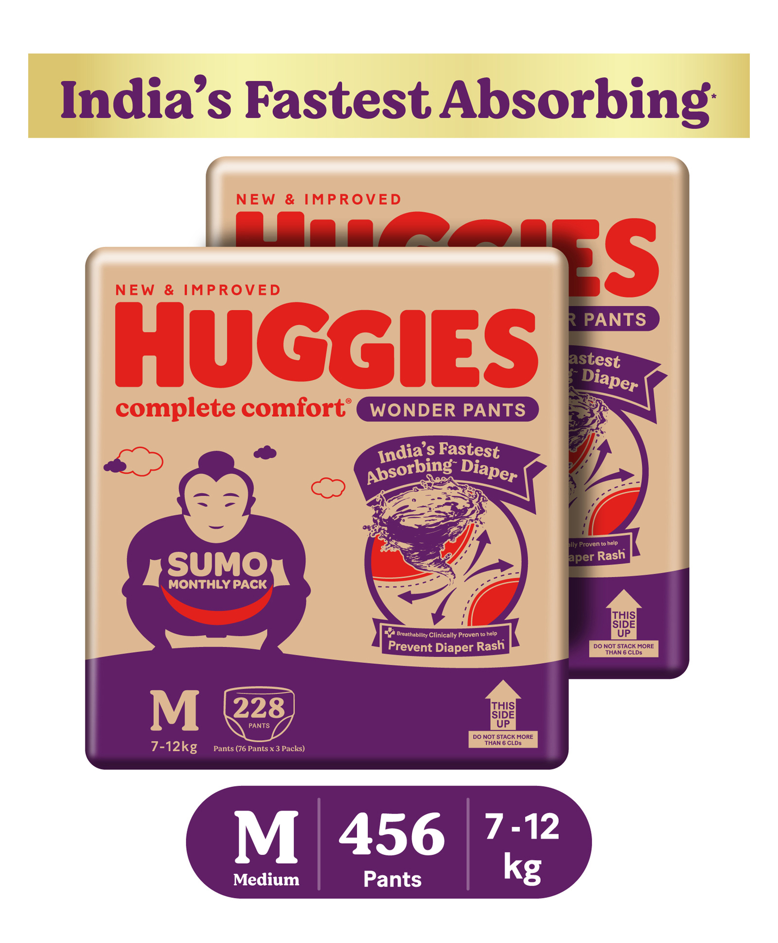 Huggies Complete Comfort Wonder Pants Medium (M) Size Baby Diaper Pants Sumo Pack- 228 count - (Pack of 2)-image-3