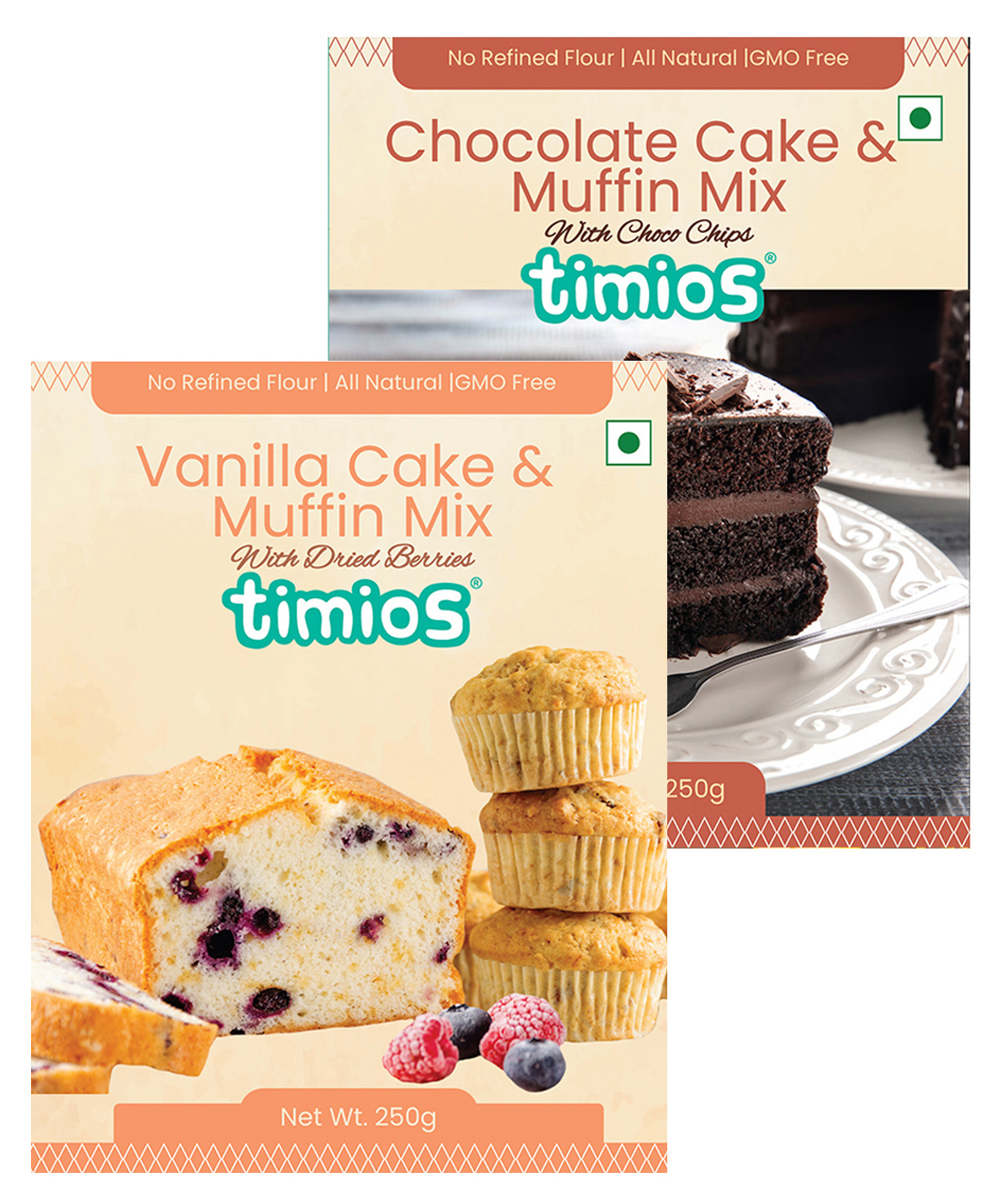 timios Multigrain Eggless No Maida Instant Chocolate Cake Mix with Choco Chips - 250 g and timios Multigrain Eggless No Maida Instant Vanilla Cake Mix with Dried Berries - 250 g image 1