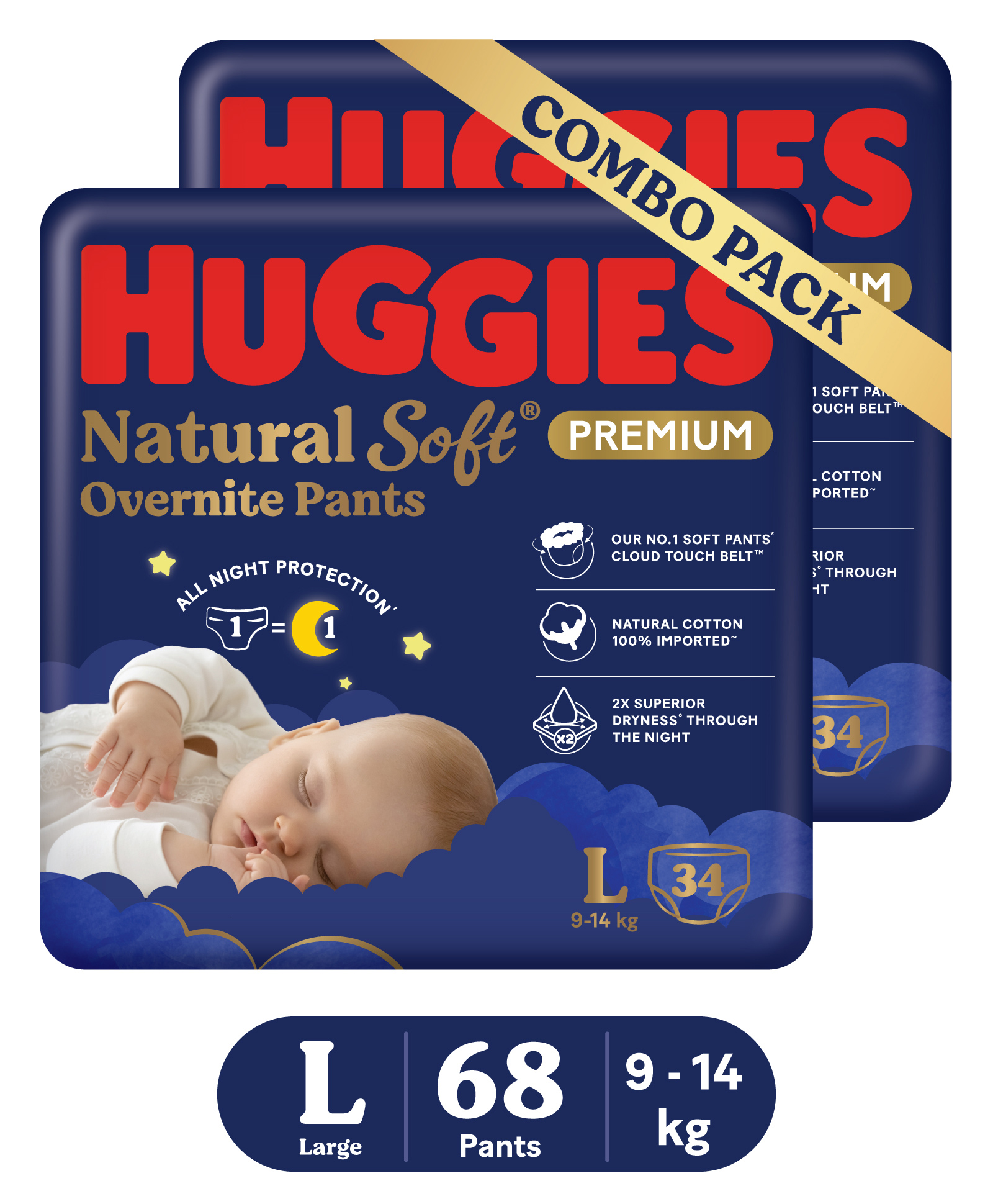 Huggies Natural Soft Overnite Diaper Pants| Premium Pant Style Baby Diapers Large Size (L Size | 9-14 Kgs) , 34 count|(Pack of 2)-image-23