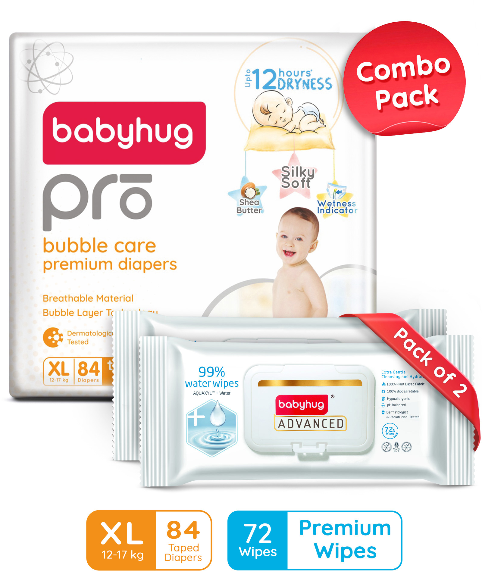 BabyhugPro Bubble Care Premium Tape Style Diaper (XL) - 84 Pieces & BabyhugAdvanced 99% Pure Water Unscented Baby Wipes Pack of 2 - 72 Pieces Each-image-16