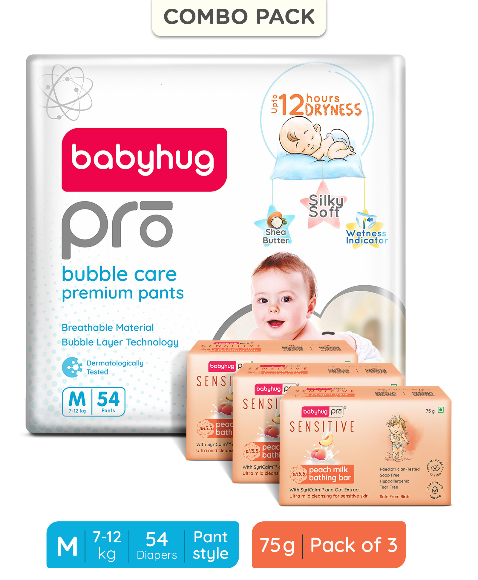BabyhugPro Bubble Care Premium Pant Style Diaper Medium (M) Size - 54 Pieces & BabyhugPro Sensitive pH 5.5 Peach Milk Bathing Bar - Pack of 3 - 75 g Each-image-31