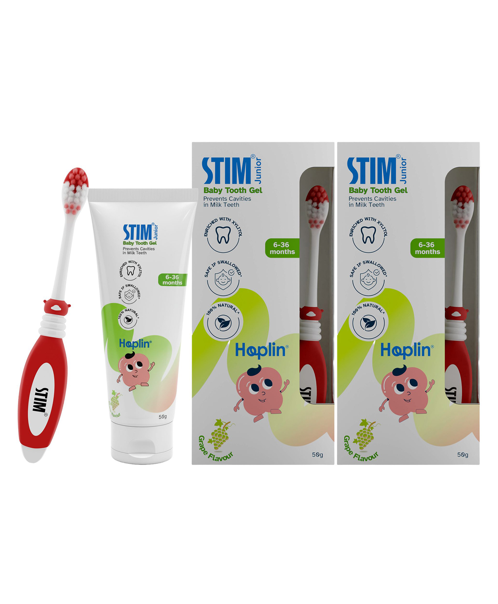 STIM Junior Baby toothpaste for 6-36 months with Xylitol | Vit E | SLS Free | Safe to Swallow | Grape Flavour 50 g- Pack of 2-image-5