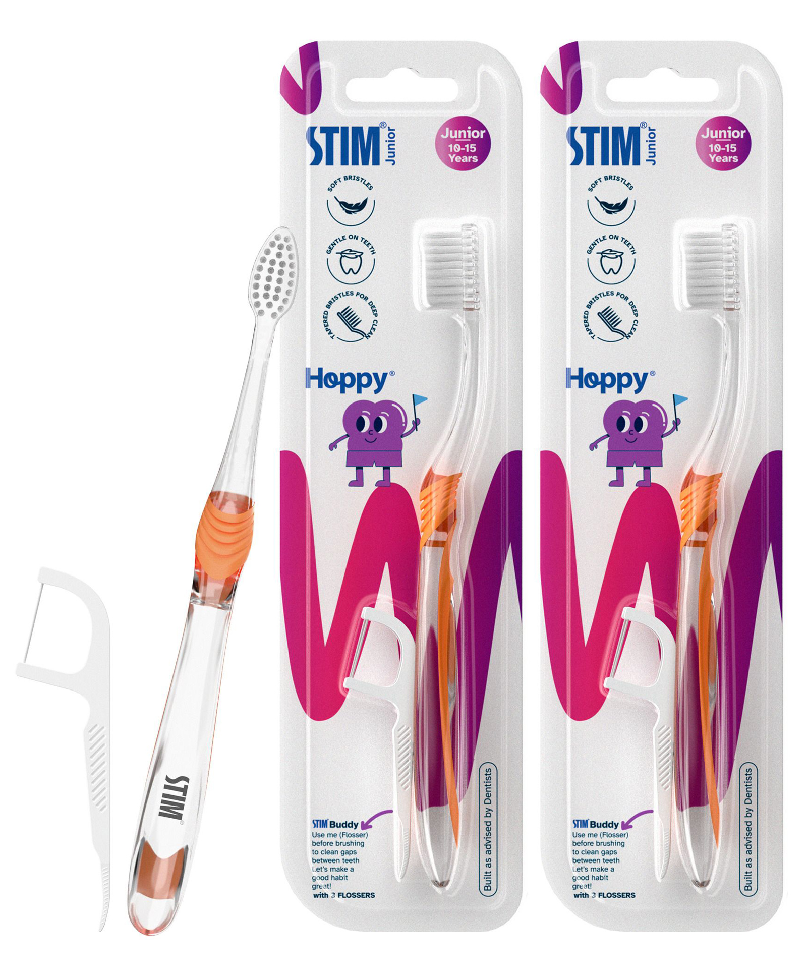 STIM Junior Ultrasoft toothbrush for pro cleaning comes with flosser | Dentist Choice | Multicoloured - Pack of 2-image-3