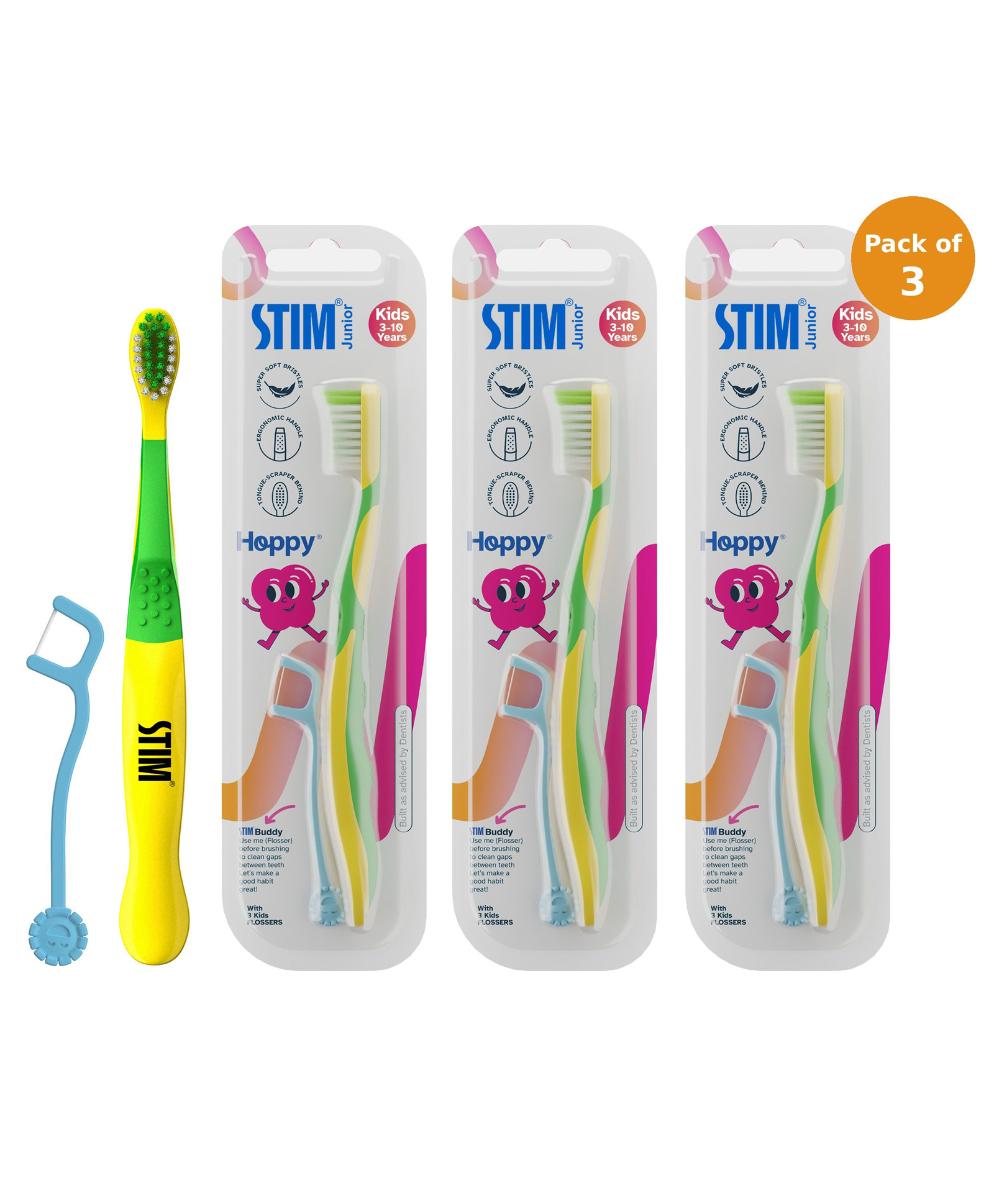 STIM Junior Ultra soft toothbrush with tongue scrapper | comes with flosser | Dentist Choice | Multicoloured- Pack of 3-image-27