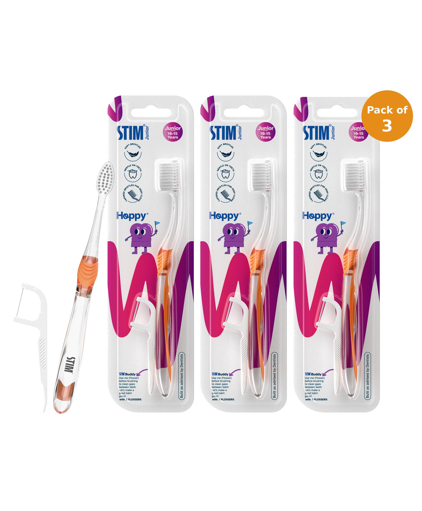 STIM Junior Ultrasoft toothbrush for pro cleaning comes with flosser | Dentist Choice | Multicoloured - Pack of 3-image-25