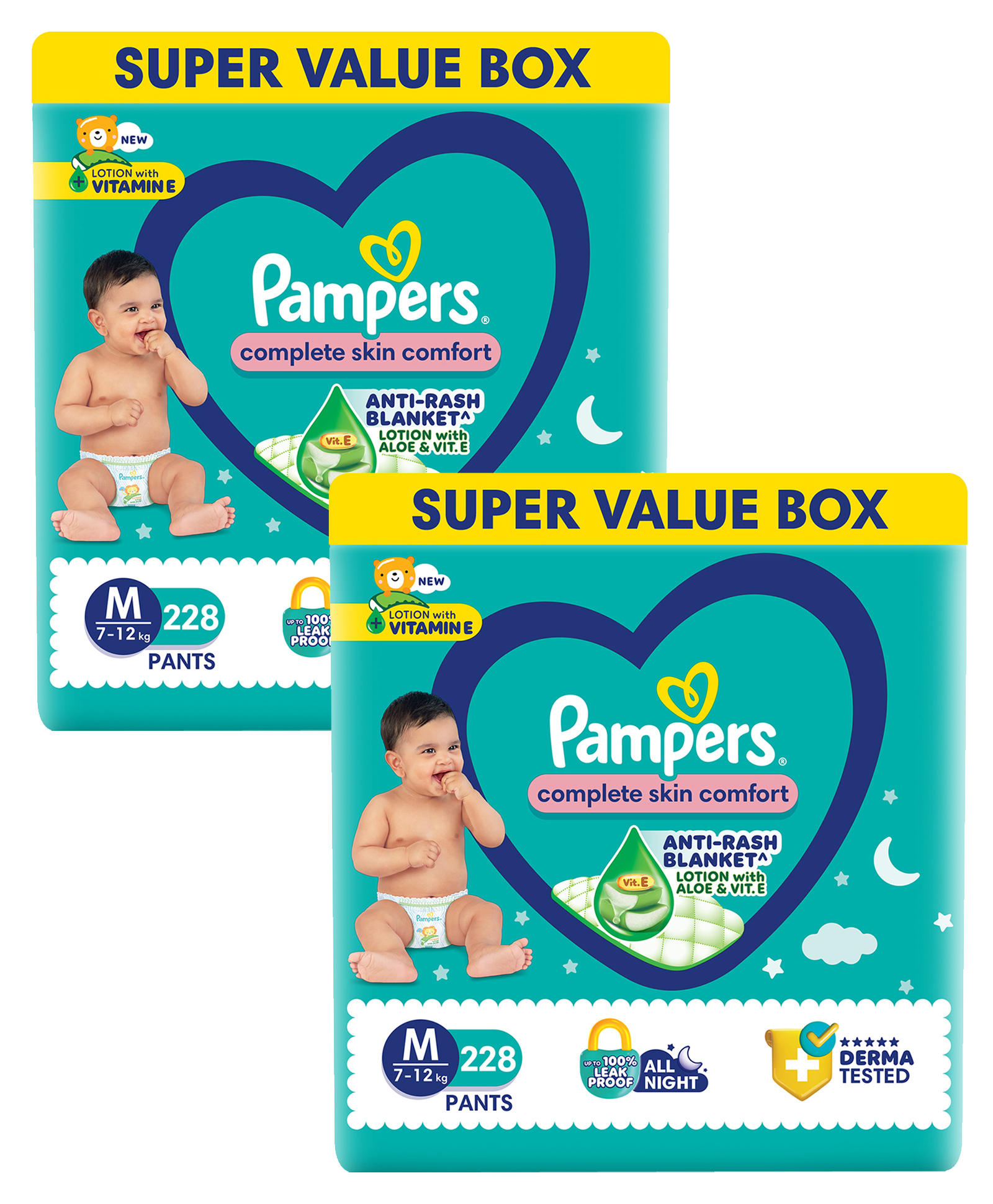 Pampers All Round Protection Pant Style Baby Diapers, Medium (M), 228 Count, 7-12kg, Anti-rash blanket, 360 degree Lotion with Aloe Vera(Pack of 2)-picture-1