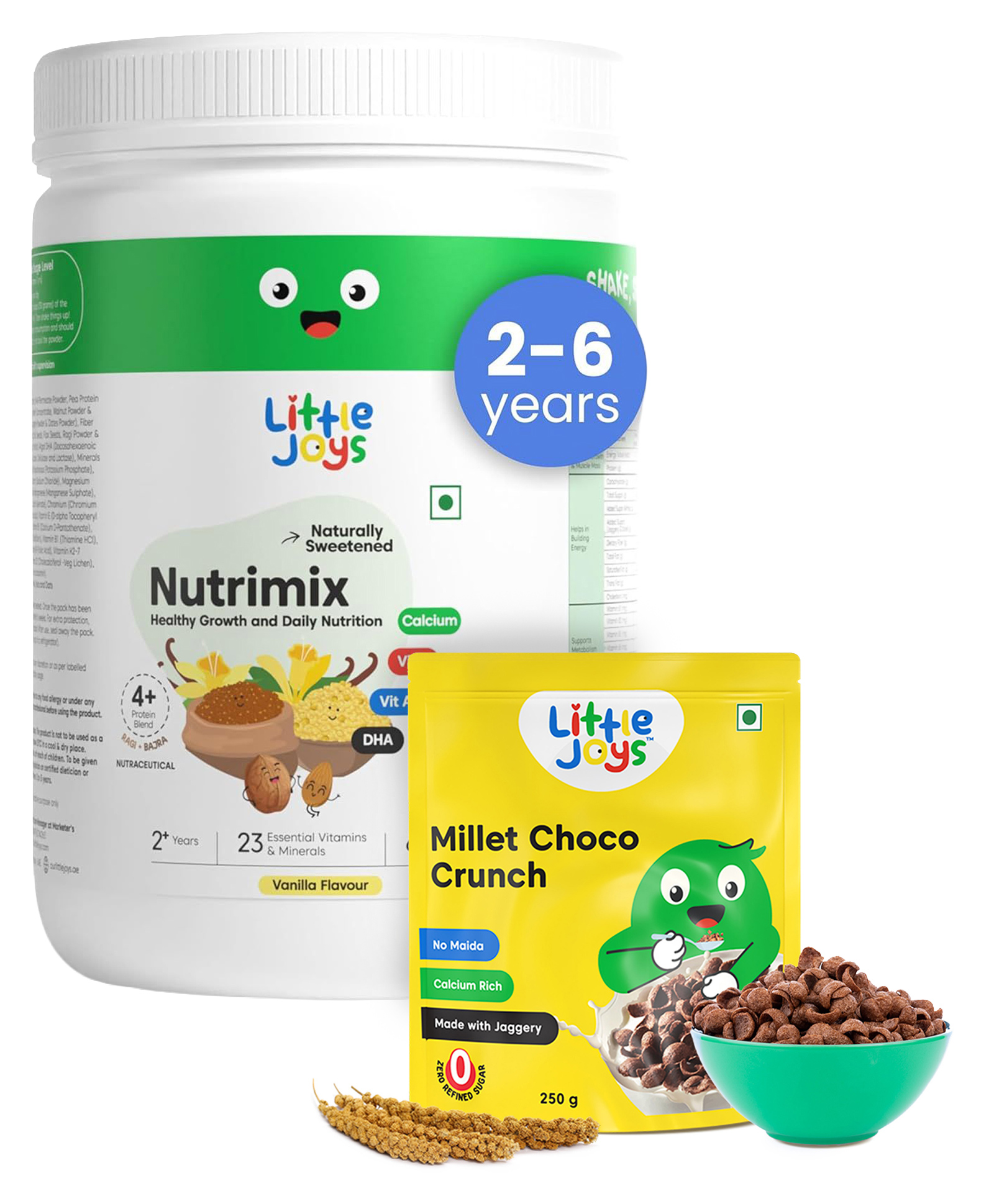 Little Joys Millet Choco Crunch with Multigrain Chocolate Breakfast Cereal 250 g & Nutrimix Vanilla Powder 350g-picture-16