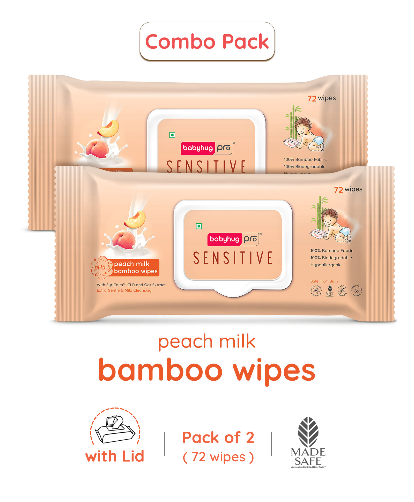 BabyhugPro Sensitive pH 5.5 Peach Milk Bamboo Wipes Pack of 2 -72 Pieces Each-image-32