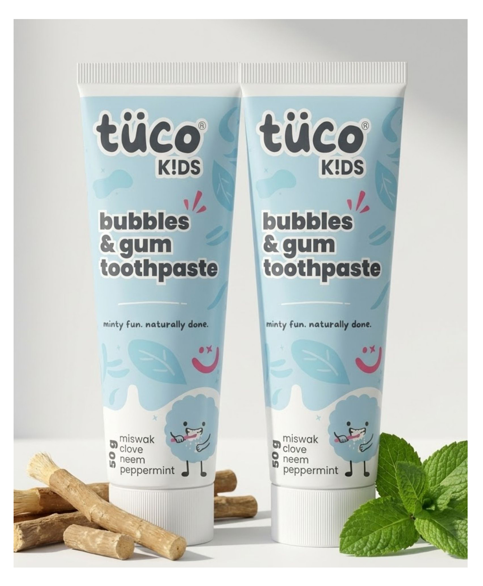 Tuco Kids Bubbles & Gum Anticavity Toothpaste Peppermint Flavour Fluoride for Cavity & Enamel Protection No Added Color SLS Free Infused with Clove, Neem & Miswak 2x50g-picture-0